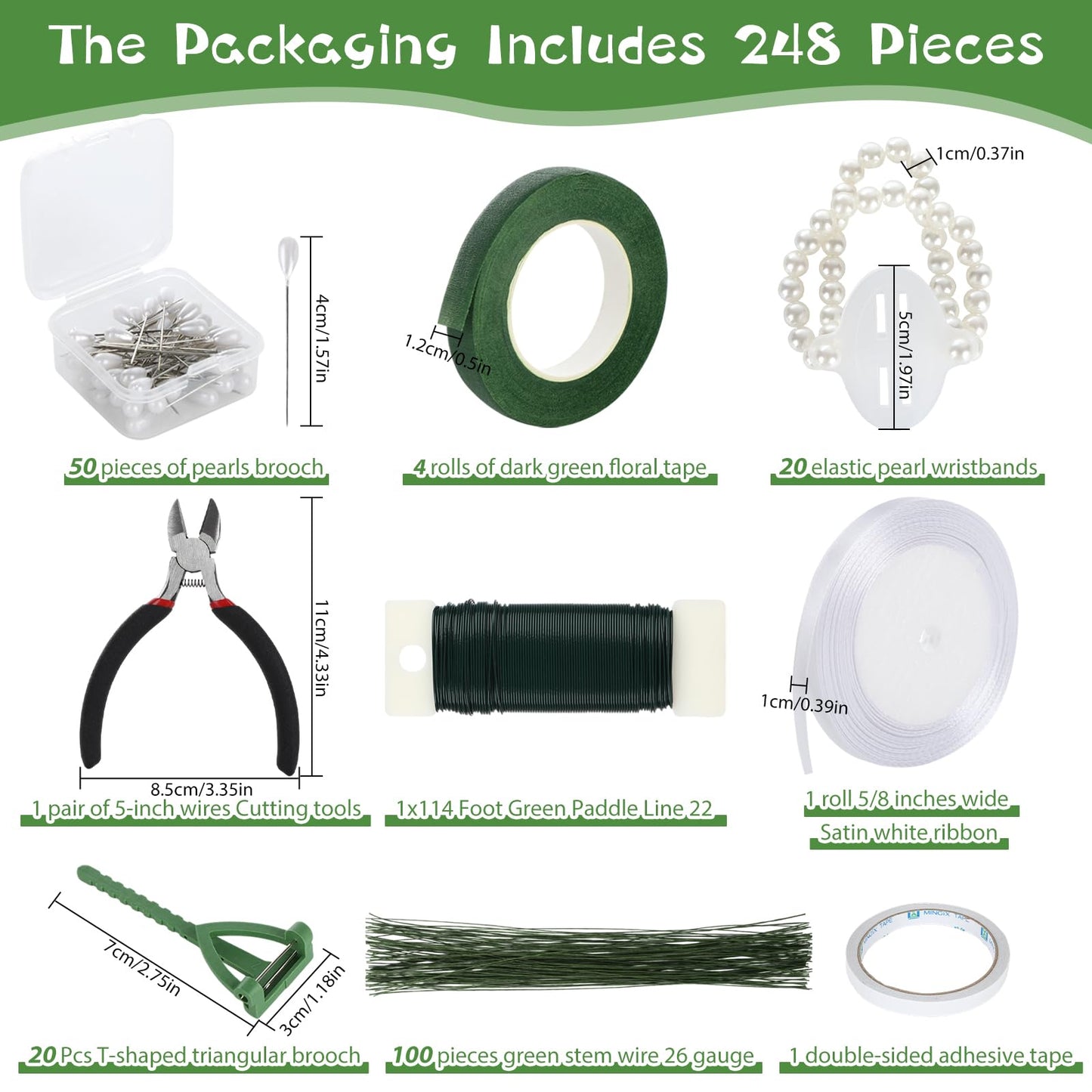 Floral Wire Arrangement Tool,DIY Bouquet Making Supplies with 5 Floral Tapes 20 Pearl Corsage Wrist Bands 20 Triangular Brooches,50 Boutonniere Pins,100 Flower Wire for Corsages Bouquet Accessories