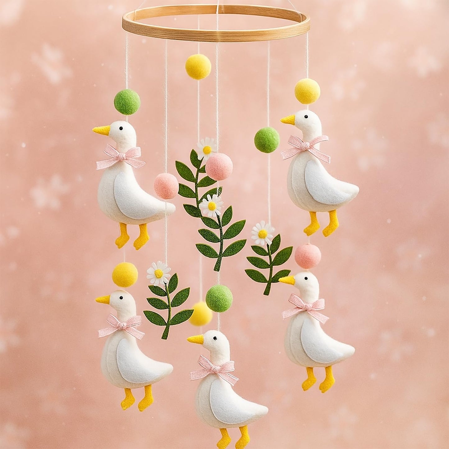 Vicenpal Wildflower Butterfly Baby Mobile for Crib Pink Spring Baby Room Decor Felt Nursery Mobile for Crib Neutral Wooden Handmade Hanging Decoration(Silly Goose)