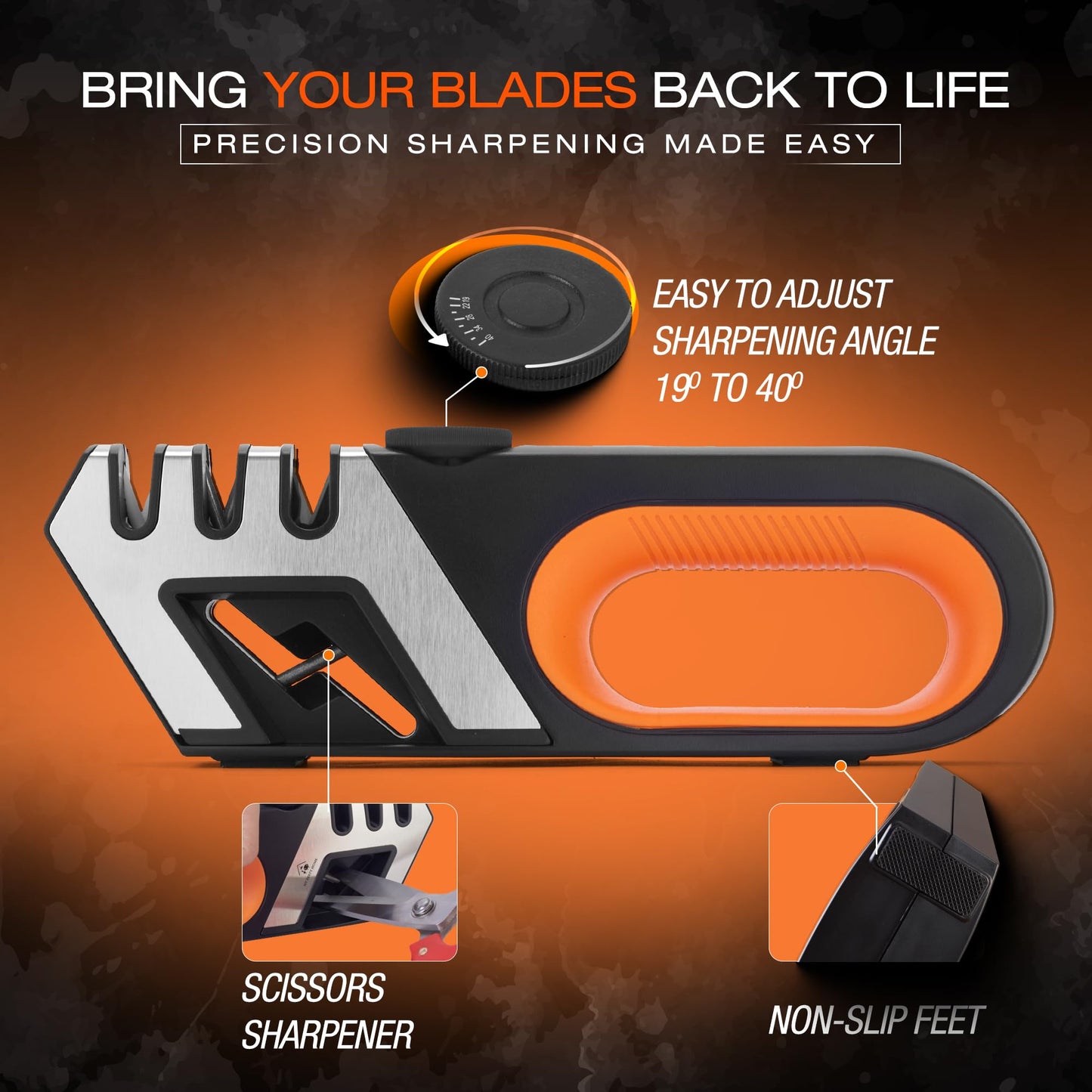 3-Step Knife & Scissor Sharpener with 5 Adjustable Angles, Manual, Pull Through for Kitchen, Chef, Pocket & Filet Knives, Tungsten, Diamond & Ceramic Rods for Repair, Restore & Polish, Non-Slip Base
