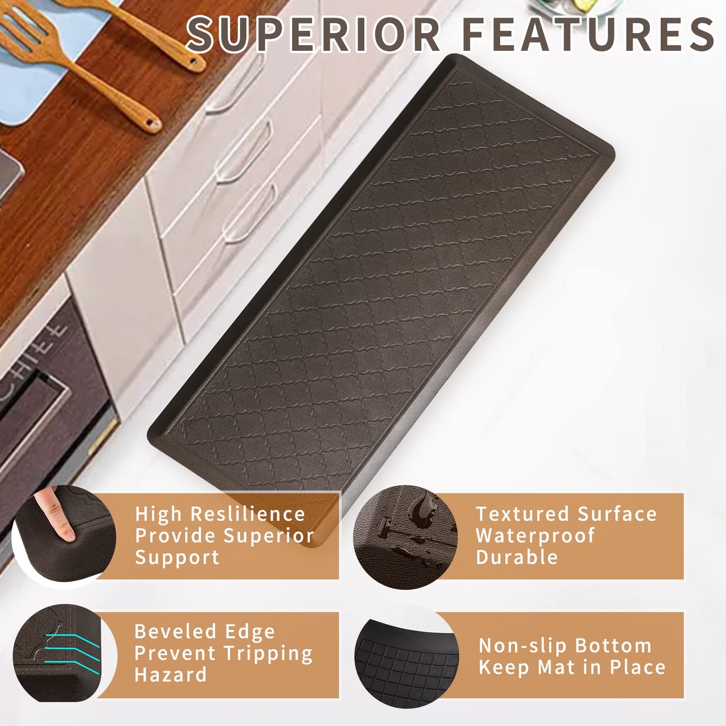 24 x 60 Inch Extra Support Anti Fatigue Comfort Kitchen Mat, Waterproof Long Kitchen Runner, Non-Slip Standing Desk Mat, Commercial Pads for Offices, Home, Garages (Barcelona Brown, 24'' x 60'')