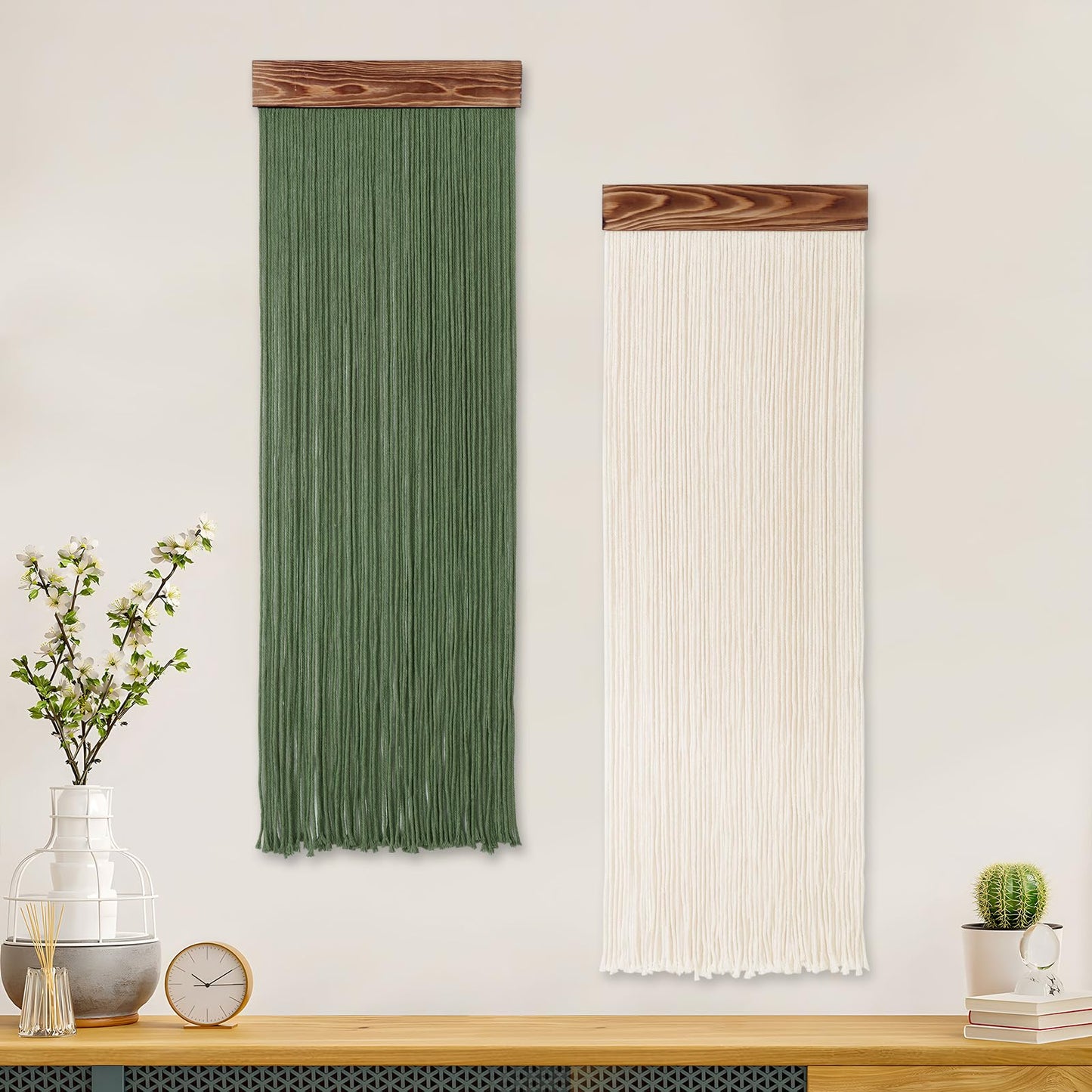 KHOYIME Macrame Wall Hanging Boho Chic Home Decor, 2PCS Bohemian Green Beige Tassel Yarn Tapestry Modern Handmade Large Wall Art Decorations for Living Room Bedroom Nursery Backdrop 11.8''W x 36''L