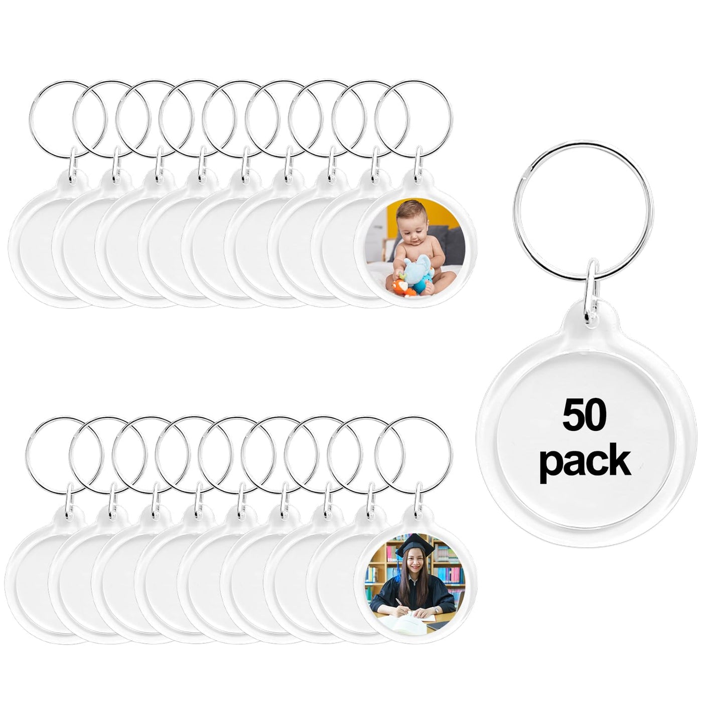 BRT Bearingshui 50pcs Pendant Picture Frame Keyrings, Clear Acrylic Photo Frame Keyring Holder, Make Your Own Personalized Keyring Kit, Round Blank Photo Insert Keychain for DIY Craft
