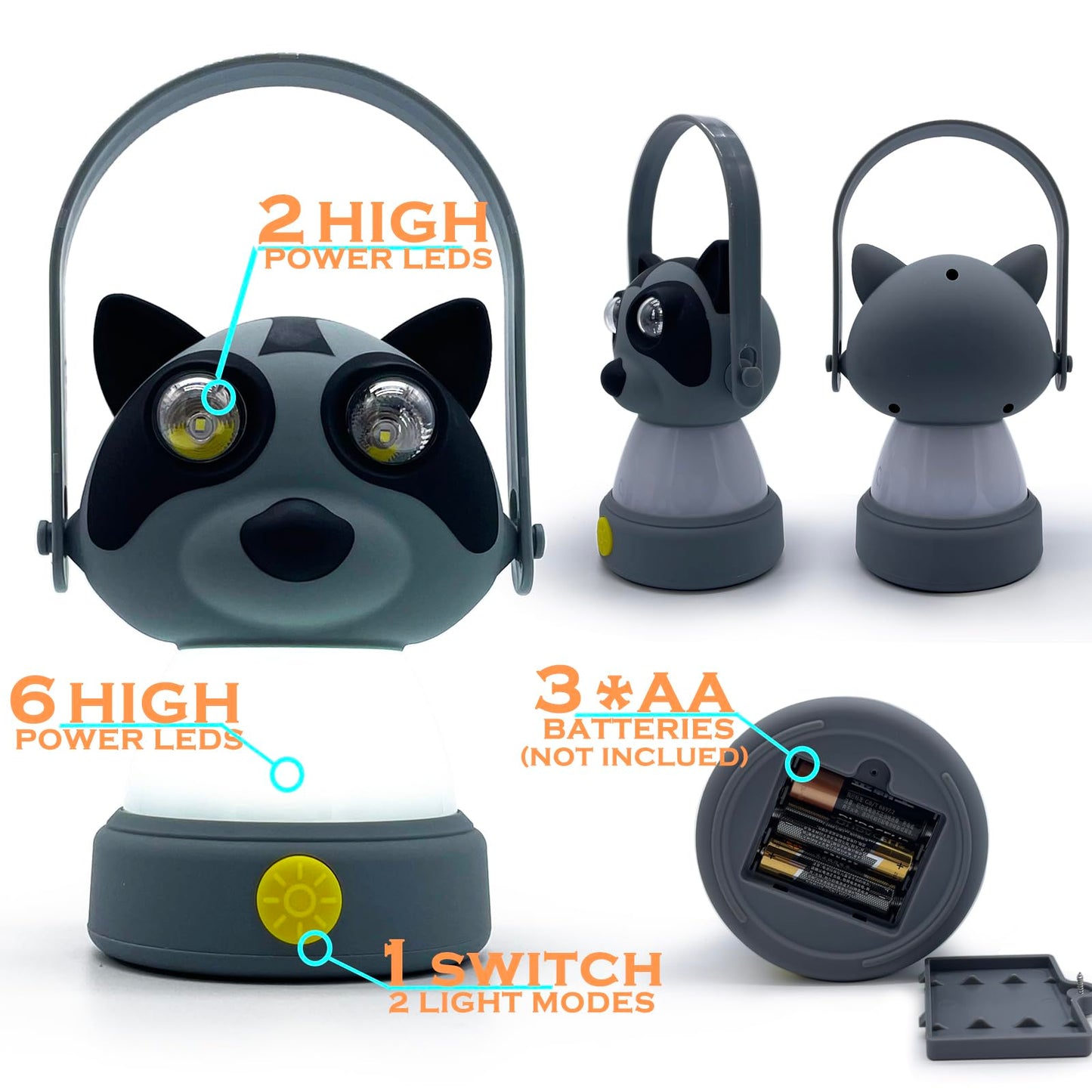 Outdoor Equipment LED Camping Lantern & Headlamp Set for Kids, FANT.LUX Battery Powered Night Light for Emergency, Hurricane, Lightweight Tent Lamp for Children (Raccoon Set)