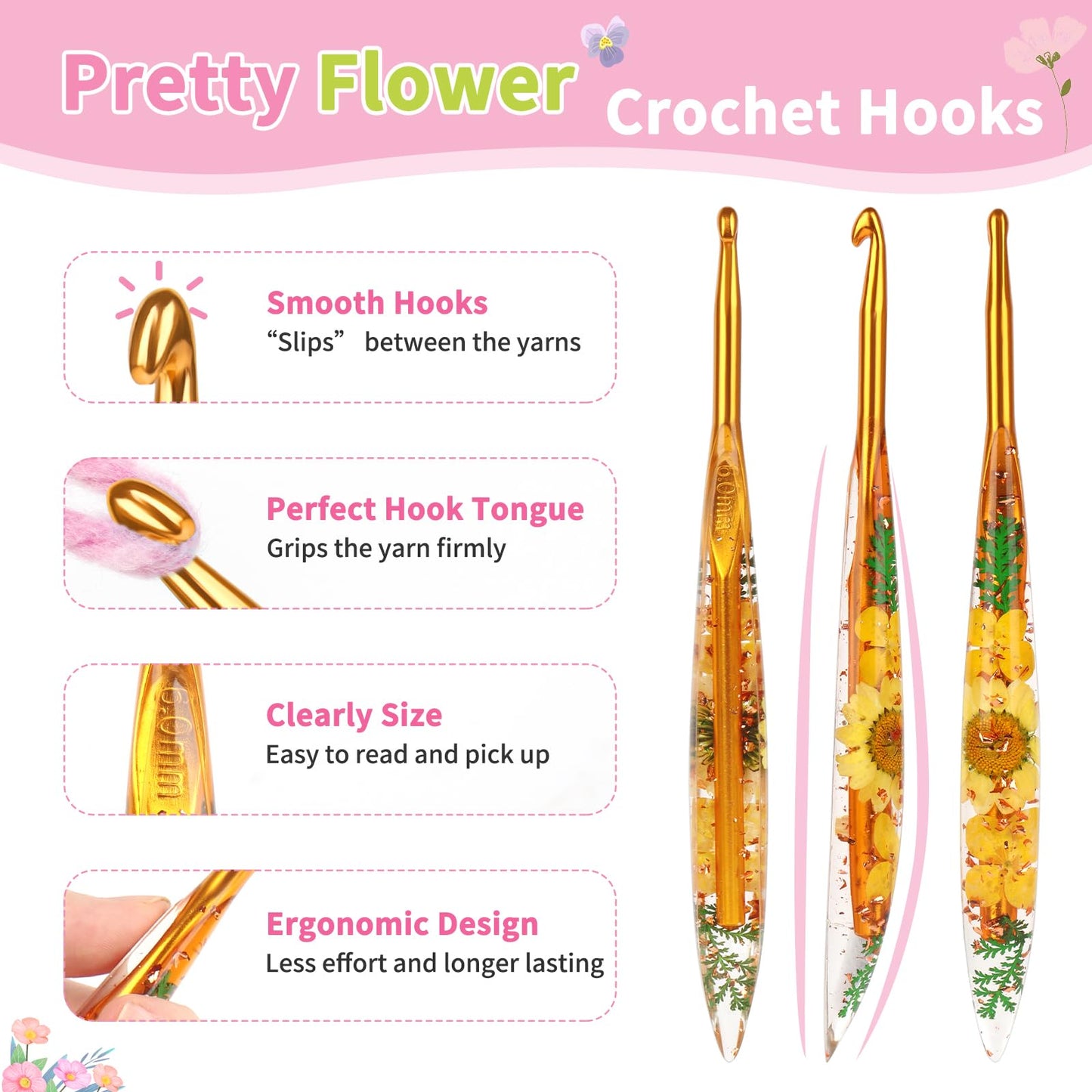 Coopay Crochet Hook Set, 5 PCS Crochet Hooks with Case (4mm, 4.5mm, 5mm, 5.5mm, 6mm), Floral Resin Grips - Beautiful & Ergonomic, Great for Crocheting Blankets, Dolls, Shawls, Hats, Scarves (G-J)