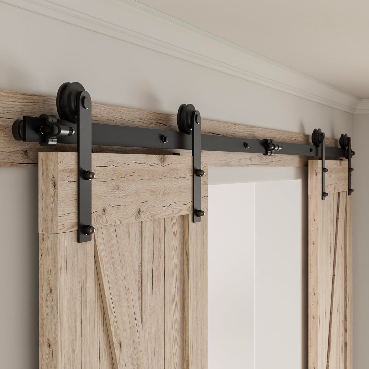 CCJH 20FT/236“ Sliding Barn Door Hardware Kit, Heavy Duty, Smoothly and Silently, Easy to Install, Fit 60" Width Double Door Panel, I Shaped Hangers Black