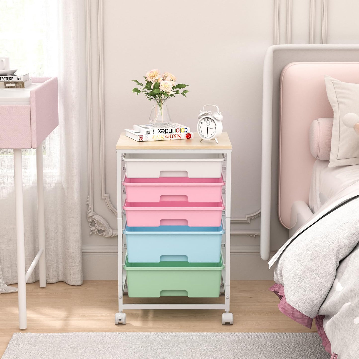 SYKIARIOL Utility Cart with 5 Drawers,Storage Drawer Cart with Wooden Tabletop and Lockable Wheels,Craft Storage Trolley Cart,5-Tier Rolling Utility Cart on Wheels,Rainbow