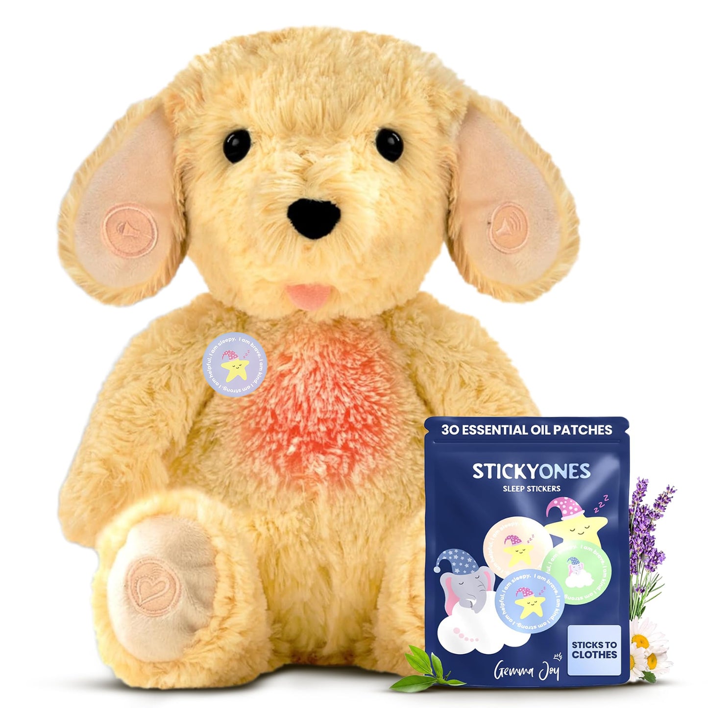 Gemma Joy Bedtime Baby Soothers & StickyOnes Sleep Patches - Cry Activated Heartbeat Puppy Plush Toy, Stuffed Animal with Calming Light & All-Natural, No Melatonin Bedtime Patches for Kids and Baby