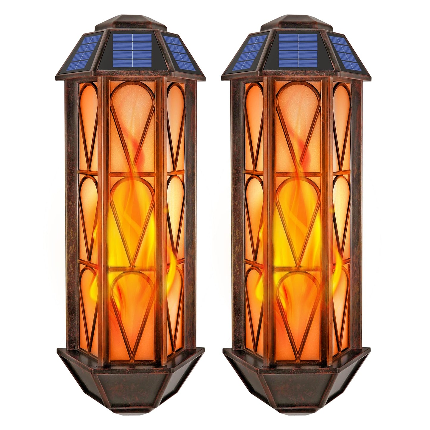 Solar Flame Wall Sconce Lights Outdoor, 74 LED Flickering Flame Sconces, Solar Powered Auto On/Off, Waterproof Wall Lanterns for House Garage Doorway Garden Porch Patio Yard Decoration (2 Pack)