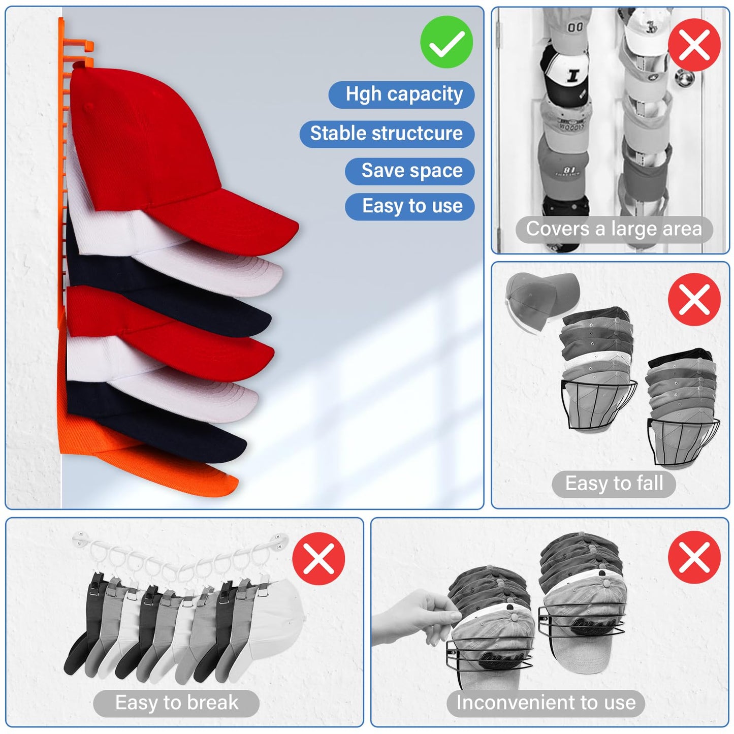 NAZZO Hat Racks for Wall, Hat Holder for Baseball Caps, Adhesive or Drilling Double Use Hat Display Hooks, Hat Organizer for Men Boys Bedroom Accessories, 2Pack Holds Up to 32 Caps, Orange