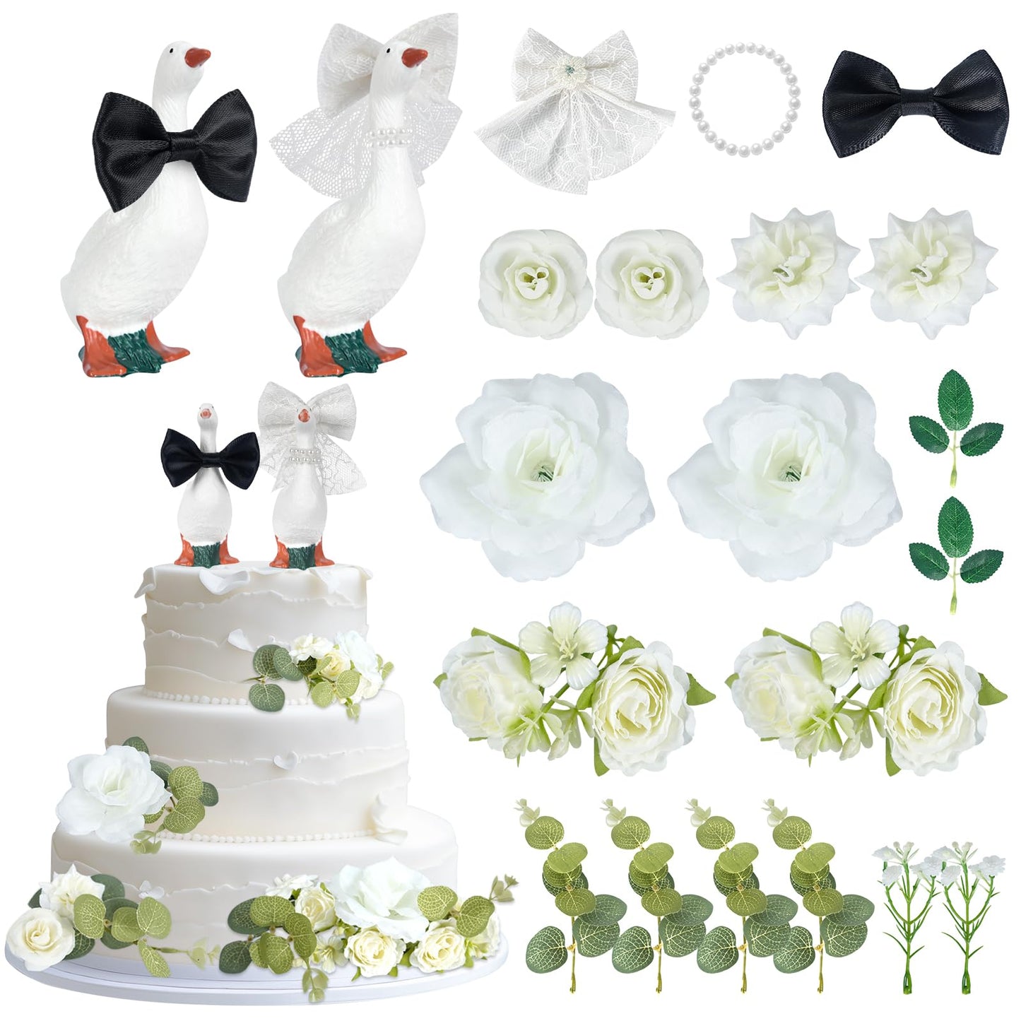BruinBang Goose Couple Wedding Cake Topper, Handmade Resin Bride & Groom Figurines with Flower Accents for Wedding Bridal Shower Engagement Anniversary, Romantic & Funny Table Centerpiece (22 pcs)