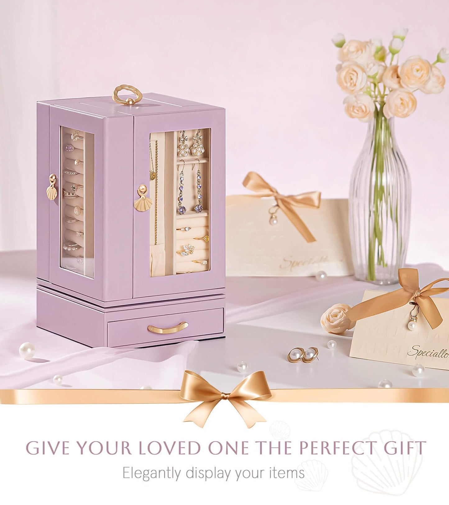 Enthralite Jewelry Box Large for Dresser: Women Necklace Ring Storage Organizer with Compartments - Elegant Earring Holder Display - 360° Rotating Jewelry Organizer with Glass Door