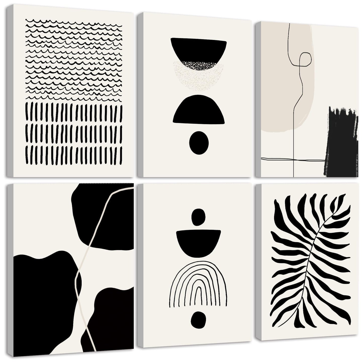 KUVIOKE Black Abstract Framed Wall Art Boho Room Decor Set of 6 Minimalist Geometric Line Art Bohemian Mid Century Modern Prints for Bedroom Living Room 8x10in (Framed)