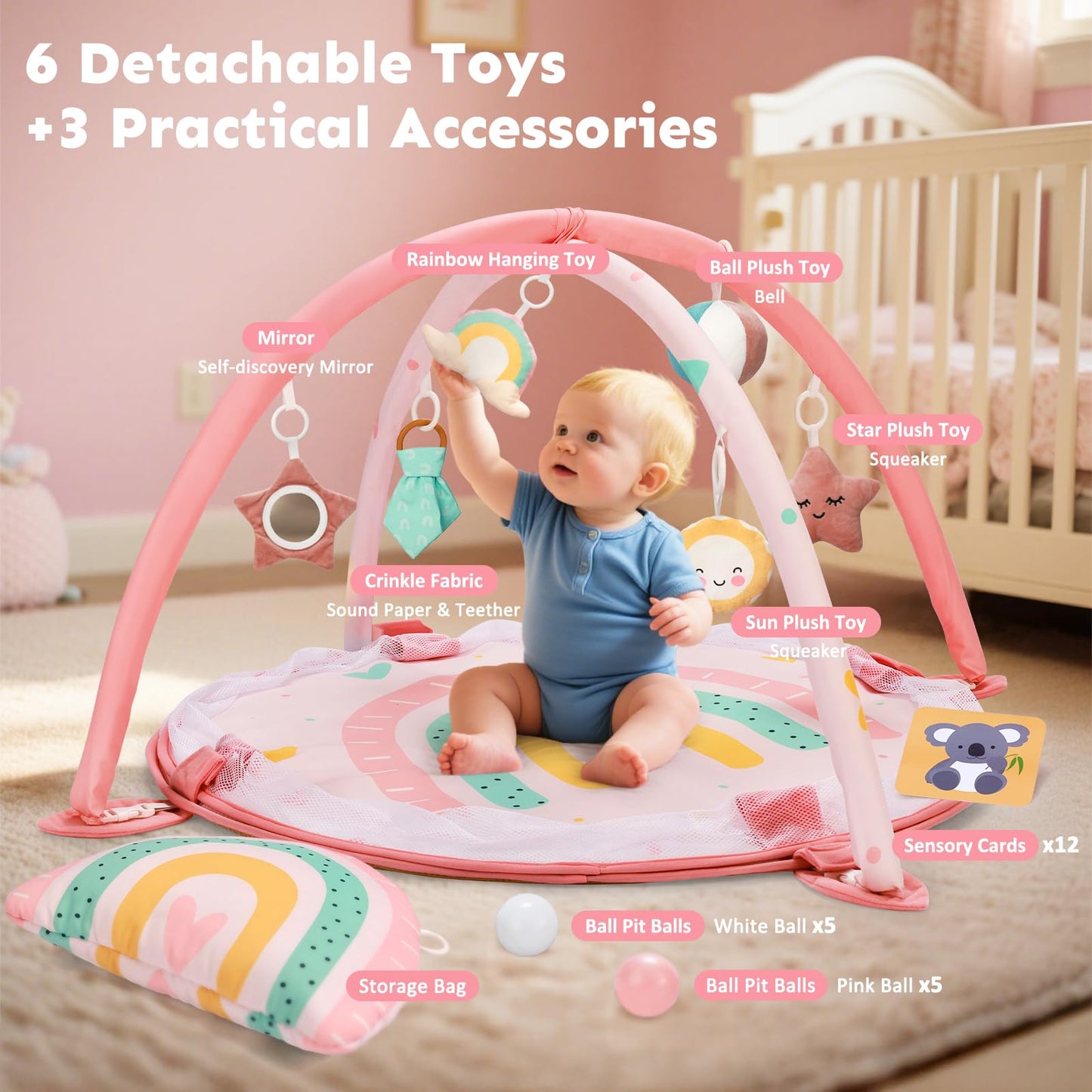 7-in-1 XL Large Baby Play Gym Mat, Tummy Time Mat, Baby Gym & Ball Pit, Baby Activity Mat with Milestone Cards & 6 Detachable Toys for Sensory Motor Skill, Rainbow