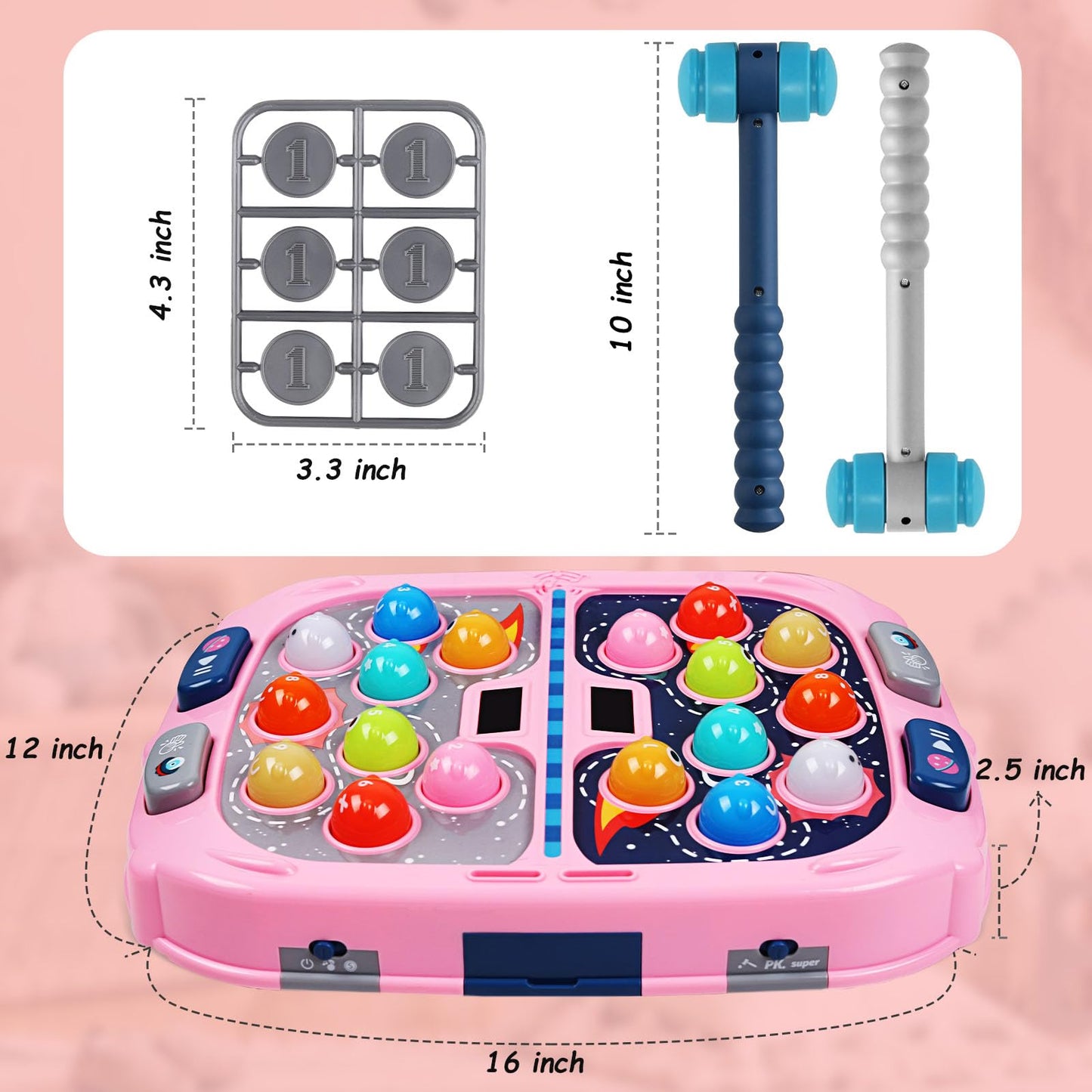 WAYKEE Whack a Game Mole, Toys for Ages 3-4 5-7 8-12 Girls Boys, Whack Game for Toddlers, Gifts for 3 4 5 6+ Year Old Girls Boys, Early Learning Educational Toys with 2 Hammers Sound & Light
