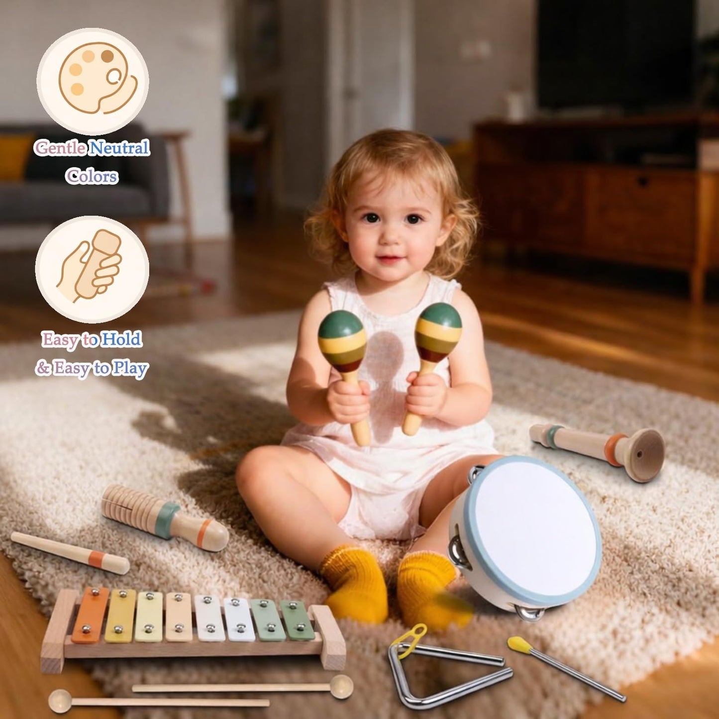 Baby Musical Instruments Set - Montessori Wooden Baby Musical Toys, Toddler Percussion Instruments Xylophone Maracas Tambourine for Toddlers 1-3, 1 2 3 Year Old Girls Boys Birthday Music Toys Gifts