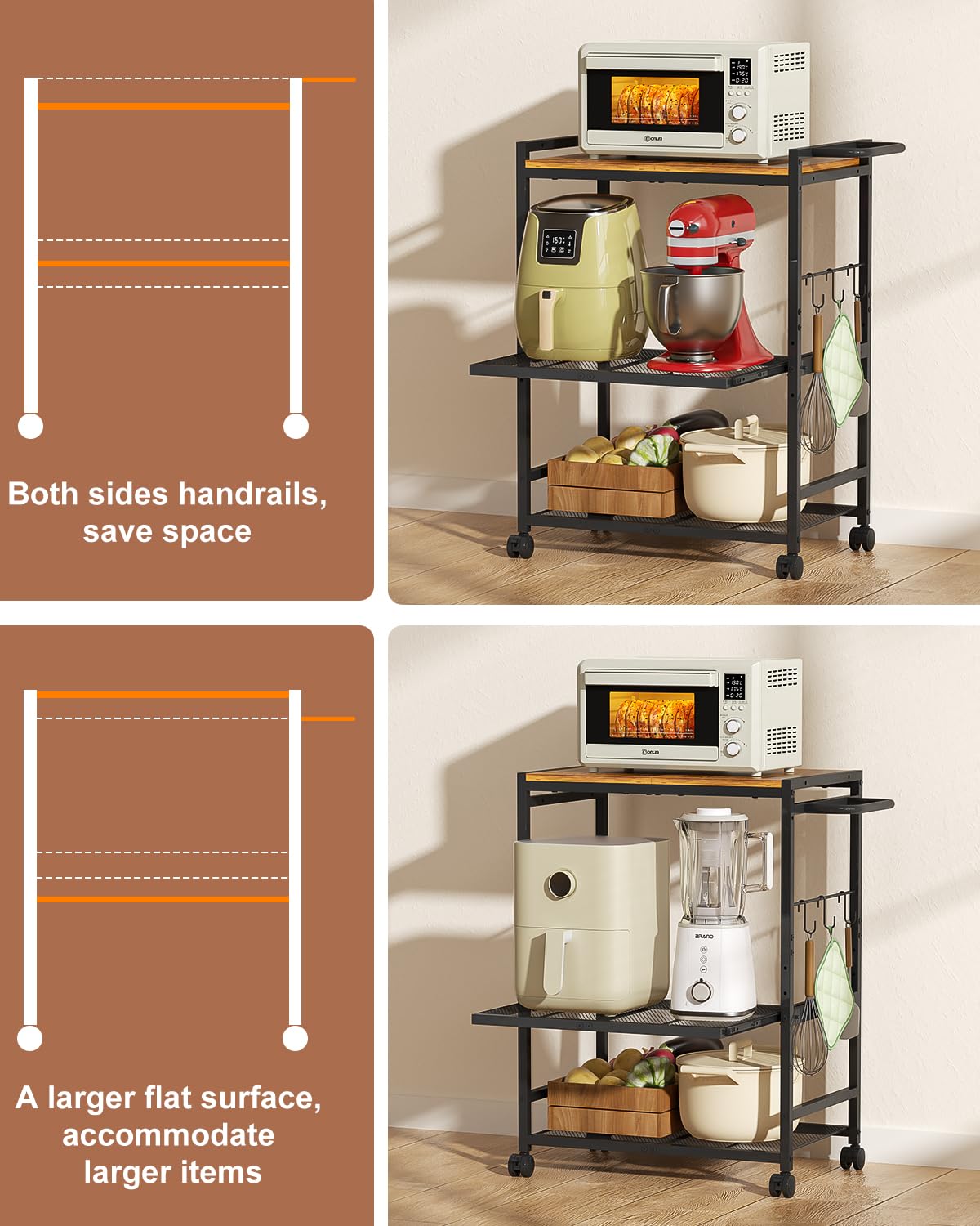 Feyejade Microwave Cart with Adjustable Shelves 3-Tier, Rolling Kitchen Cart with Push Handle, Microwave Stand with Storage, Small Utility Cart with Drawer Slider Shelf for Kitchen, Living Room
