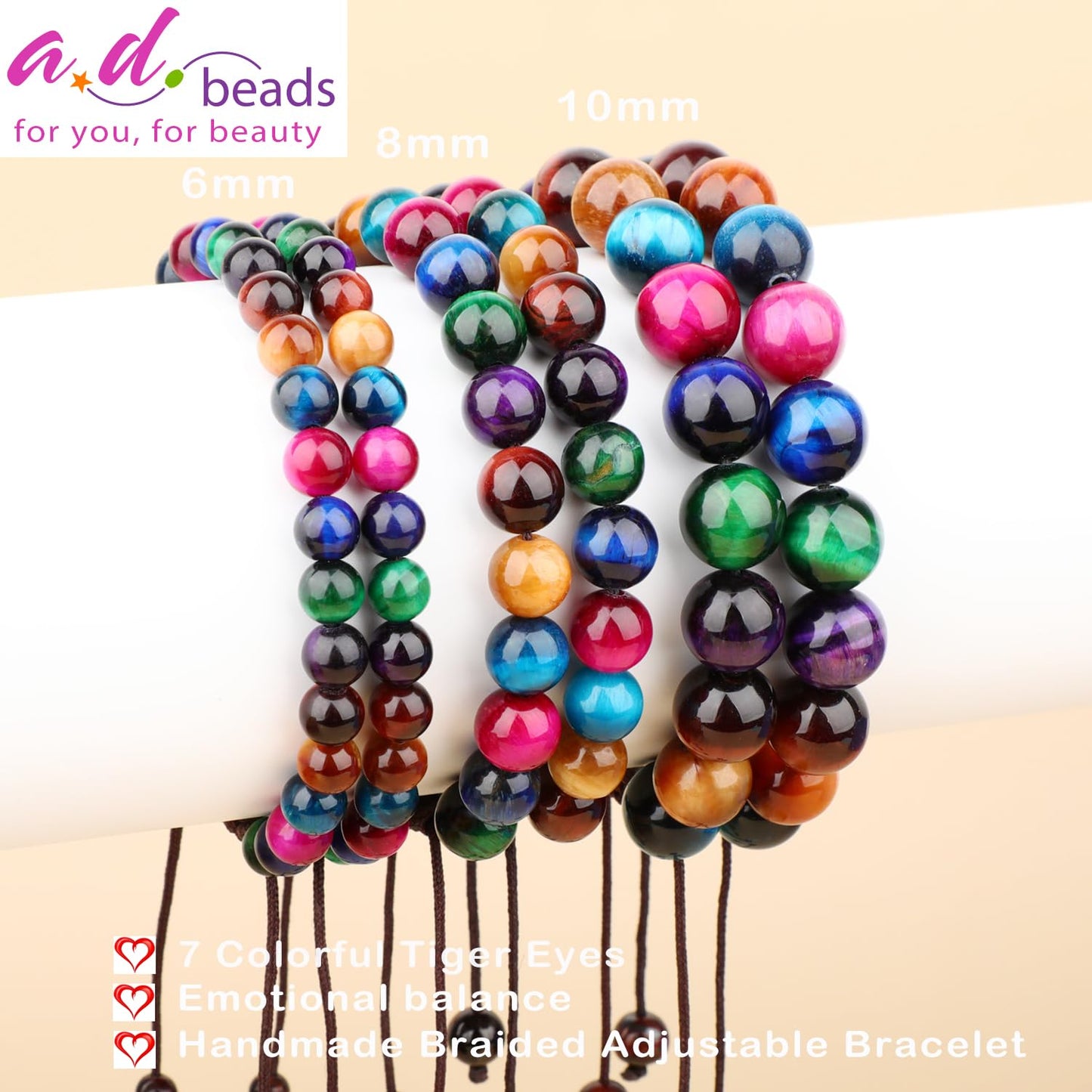 AD Beads 6mm 7 Colorful Tiger Eyes - Emotional balance - Handmade Natural Stone Crystal Bracelet with Adjustable Macrame String - Yoga Healing Power Energy Gifts for Men and Women