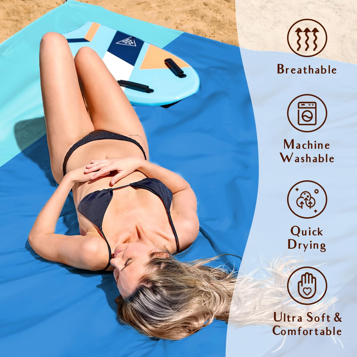 AlphaBeing Beach Blanket Waterproof Sandproof, Extra Large Beach Mat for 1–8 Adults, Oversized Picnic Blanket with 4 Stakes & Storage Bag, Essential Beach Gear for Travel (ThreeBlue, 79“×83”)