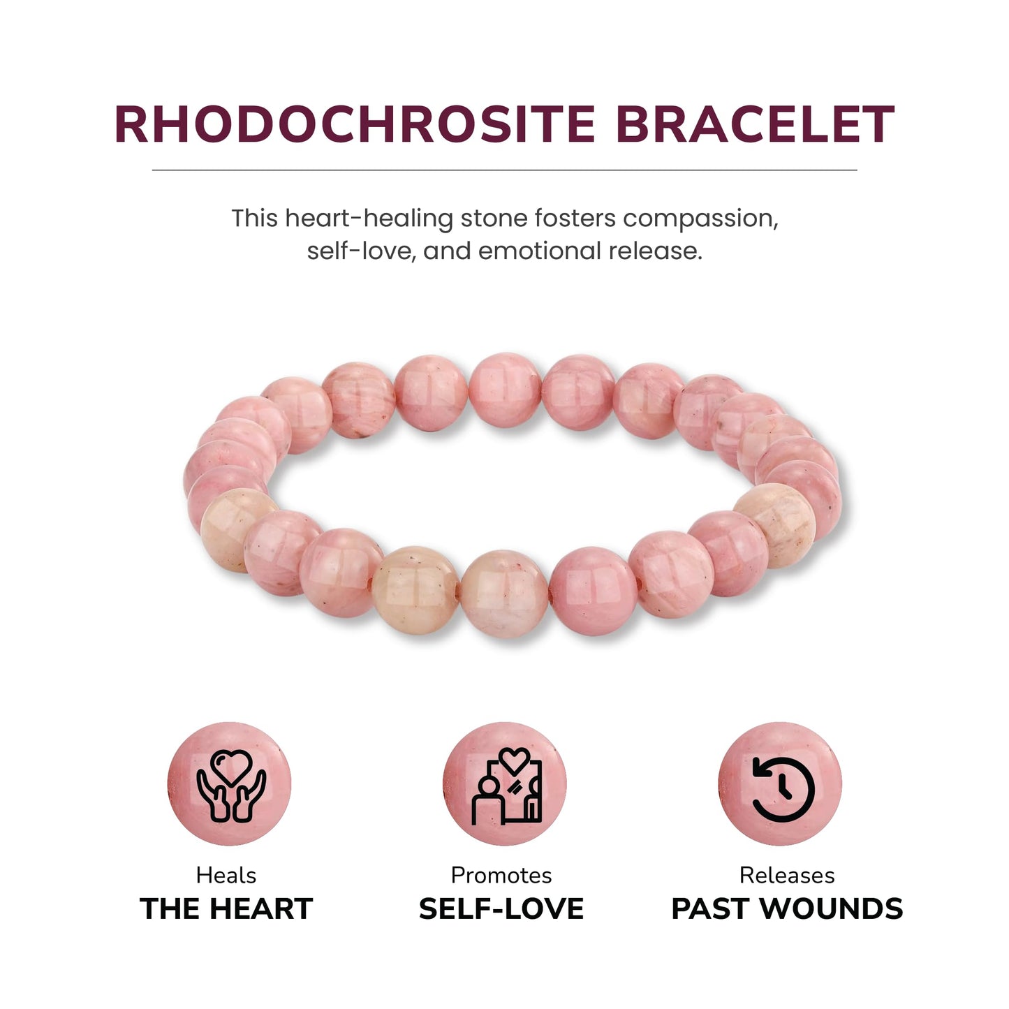 Crystal Vibe Rhodochrosite Crystal Bracelet for Love and Balance - 8mm Beaded Bracelet for Emotional Healing, Trust & Positivity - Crystal Jewelry Gifts for Women Men - Adjustable Size