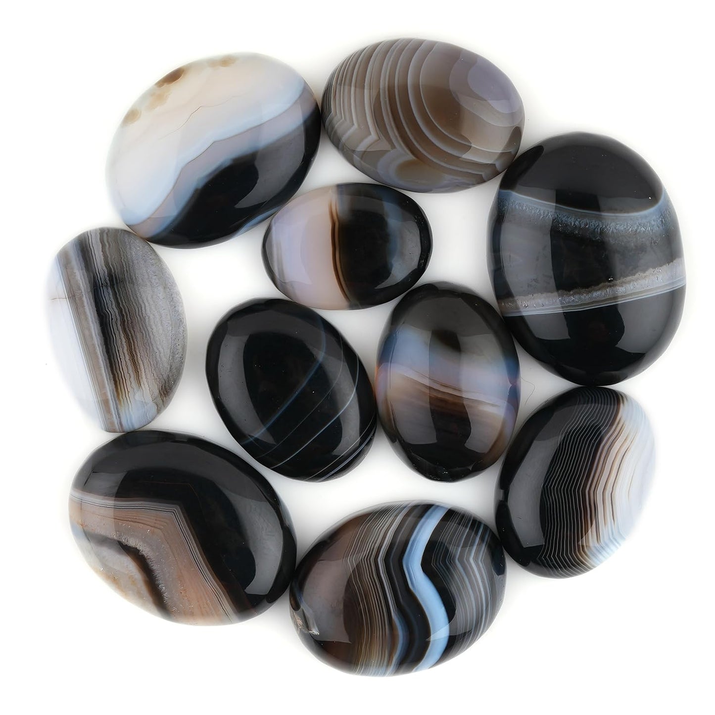 GemSymphony 100 Carat Natural Banded Agate Gemstone Cabochon Lot Mixed Shapes – 8 pcs Hand Polished Crystal Stones for Jewelry Making Supply, Healing, Reiki, Craft Supplies, Unique Cab Set for Wire Wrapping & Collectors (10-20 mm)