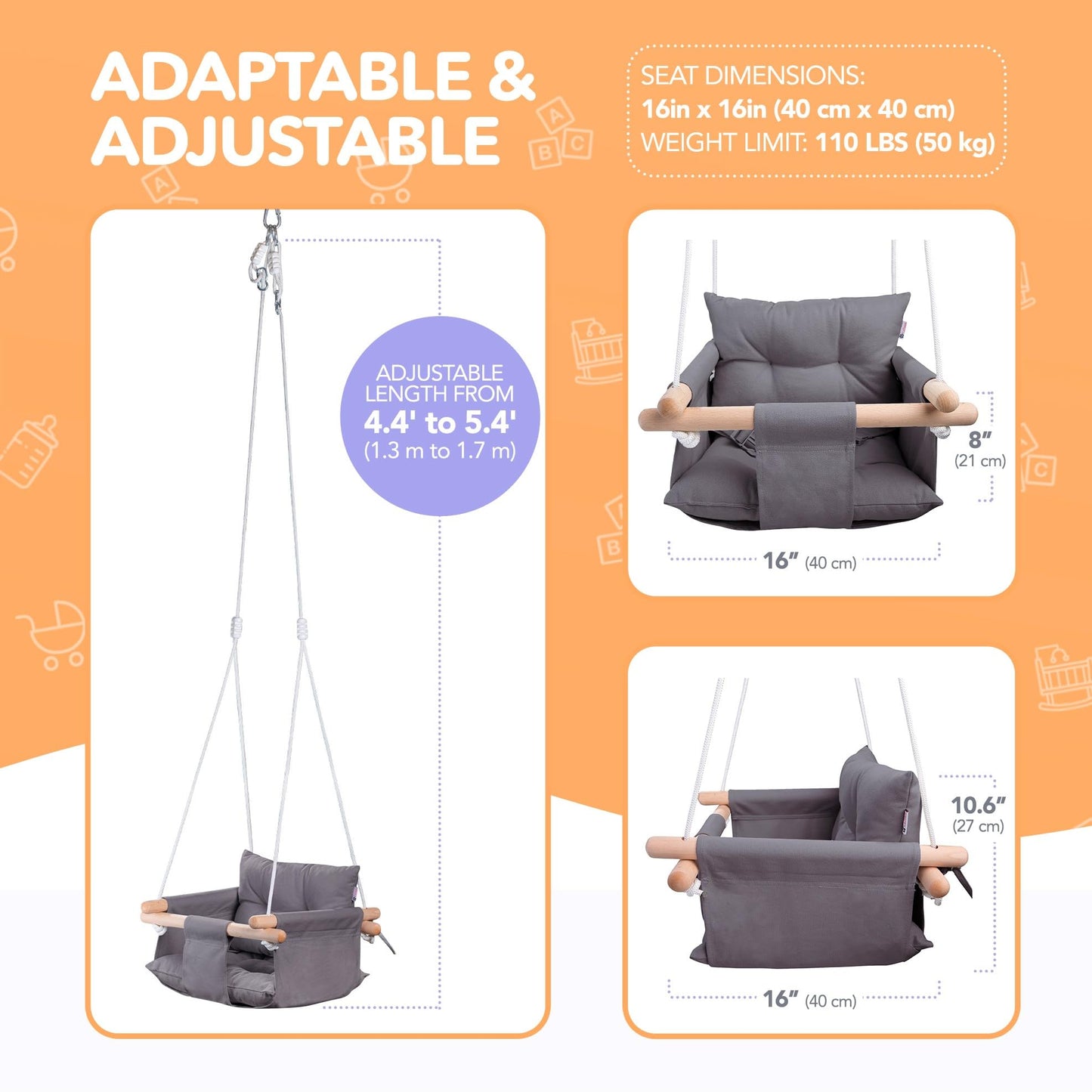 CaTeam Canvas Baby Swing Seat with 5-Point Safety Belt — Wooden Hanging Toddler Swing, Indoor & Outdoor, Ages 1-4, Ceiling Mount Hardware Included, Dark Gray