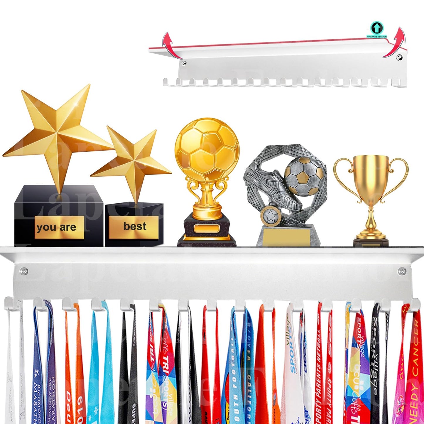 Lapetale Fashion Non-Slip White Trophy Shelf - 16 Inch Medal Hanger Display for Wall with Upgraded Shelves for Trophies, Gymnastics, Soccer, Swim
