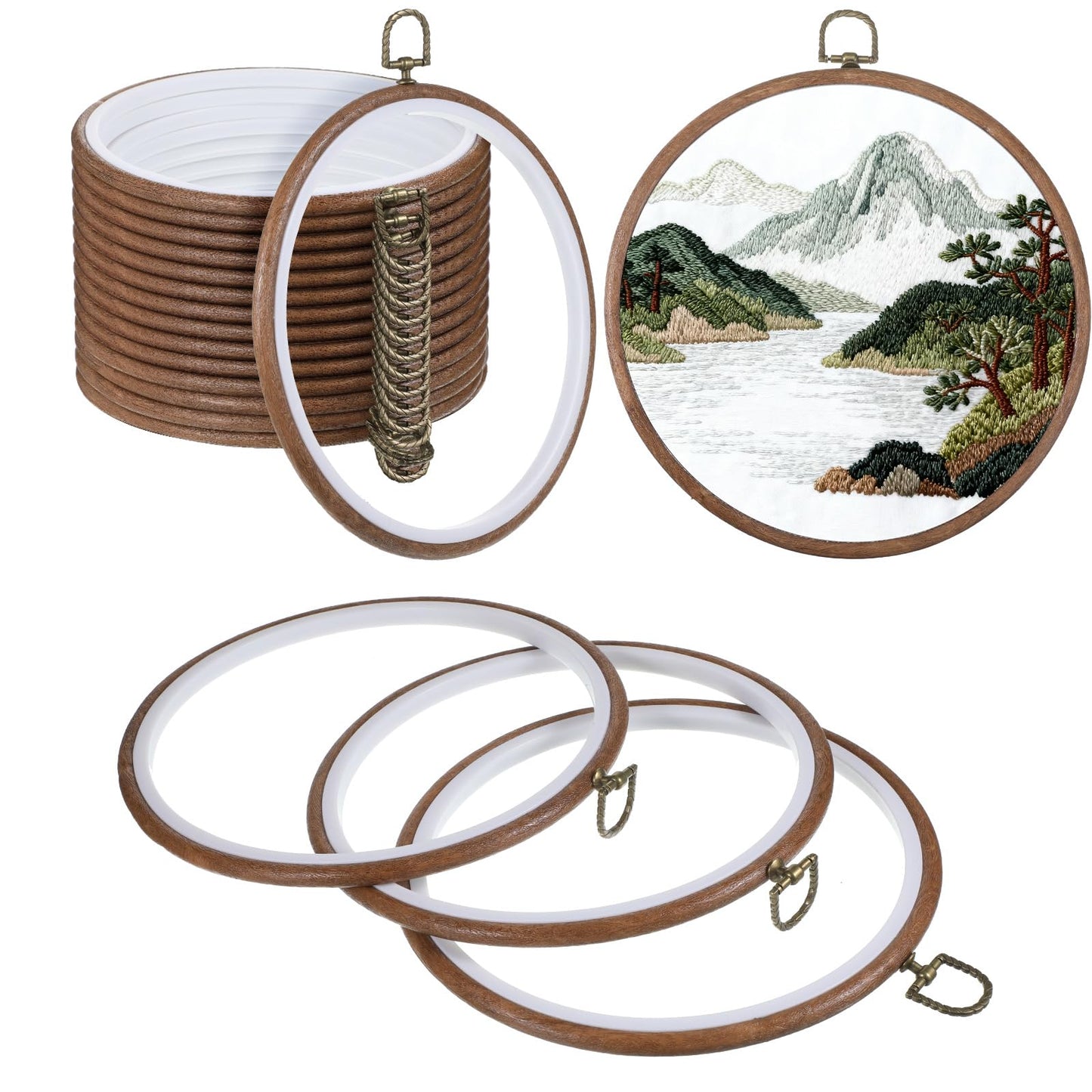 SHENLIU 15 Pcs 8 Inch Round Embroidery Hoops Frame, Cross Stitch Hoop Imitated Wood Embroidery Hoop Circle Rubber Ring Display for Art Craft Sewing and Christmas Ornaments