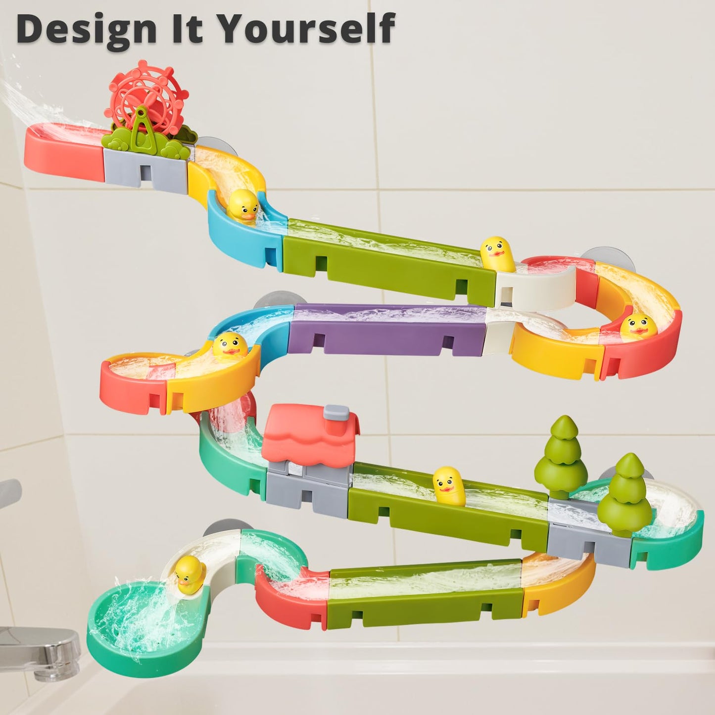 SOCBTNSO Duck Slide Toys, Bath Toys for Kids Ages 4-8, DIY Building Kit for Ages 5-7, Bathtub Time Birthday Gift for Toddler 3 + Year Old (51 PCS)