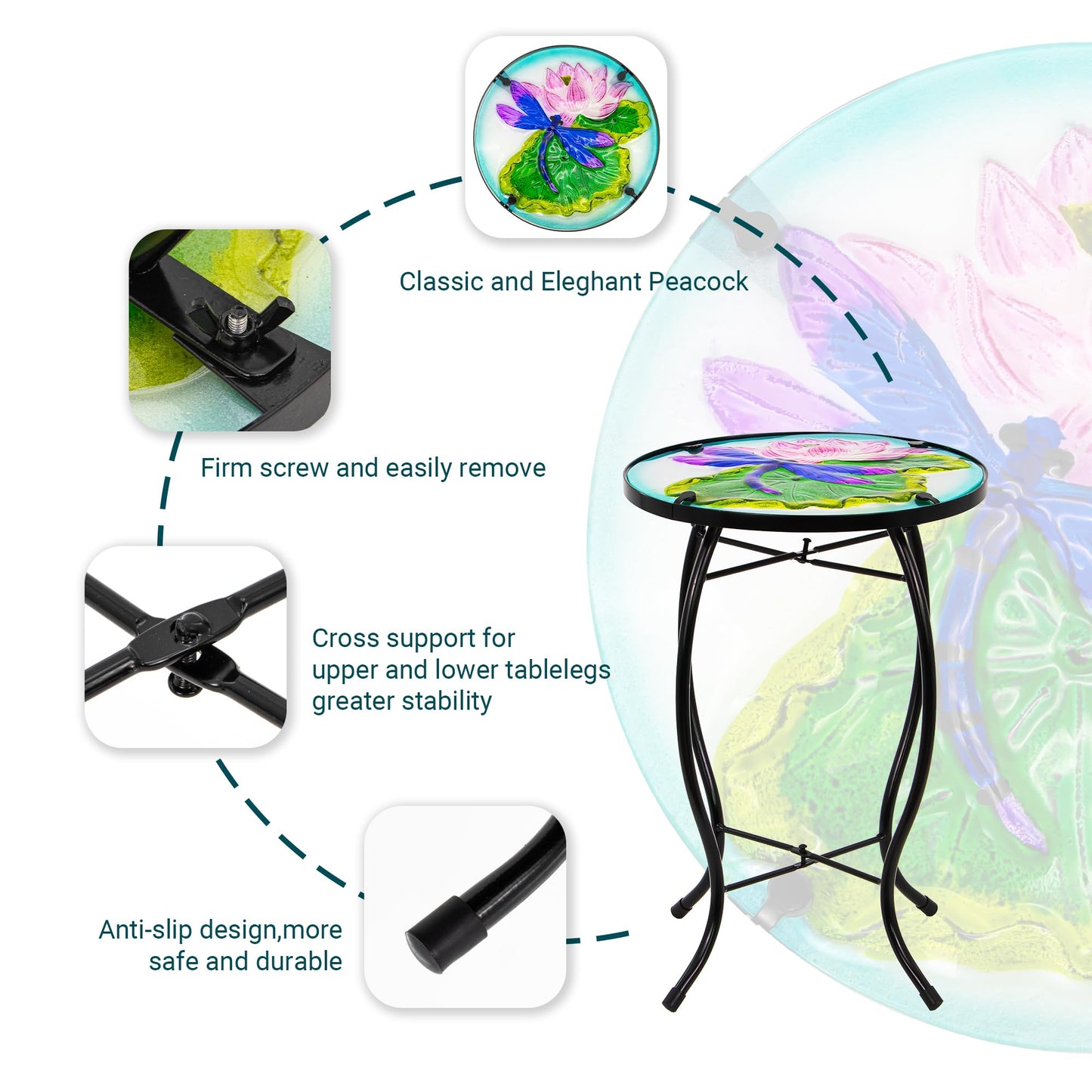 Weibefee Lotus-Leaf Dragonfly Small Patio Table,Outdoor Side Bar Table, 10 Inch Metal Glass End Table for Porch Garden Yard Pool Living Room Mother's Day Decor, Mother's Day Decoration Gift