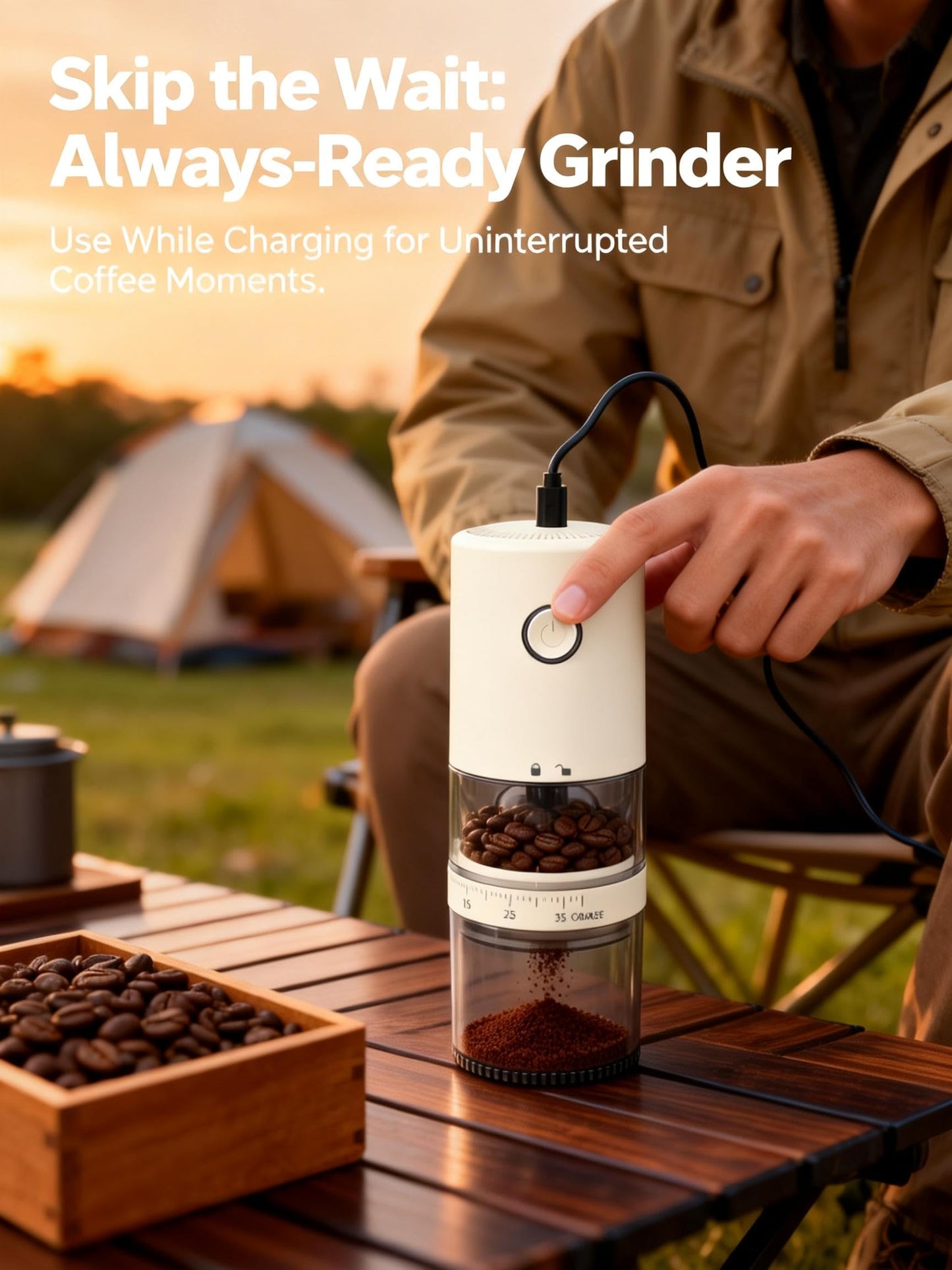 LAMIDO Portable Electric Burr Coffee Grinder - Grind While Charging - Visual Bean Hopper - 38 External Grind Settings - 1.8X Faster Grinding - 2000 mAh Battery for Travel, Camping - Light Beige