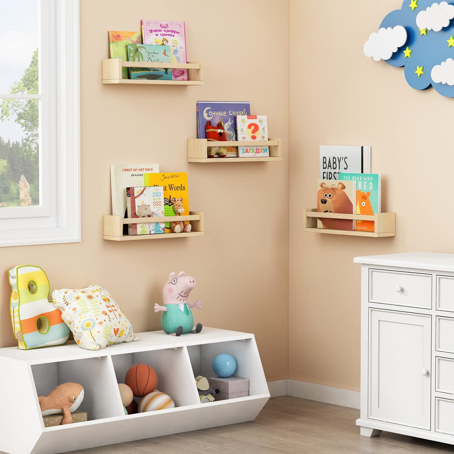 Forbena Natural Wood Nursery Book Shelves Wall Mounted, Floating Bookshelf for Kids Room, Toys and Books Storage Organizer Bookshelves for Toddler Child Bedroom Bathroom (4 Pack Natural Wood)