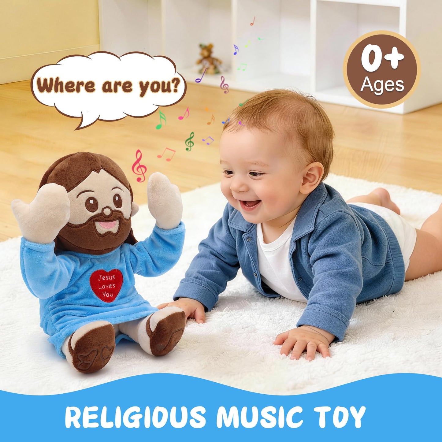 Yelakey Jesus Plush Peek A Boo Toy, Jesus Stuffed Doll Religious Plushie with 15 Bible Songs for Kids Christmas Easter Gifts 10''