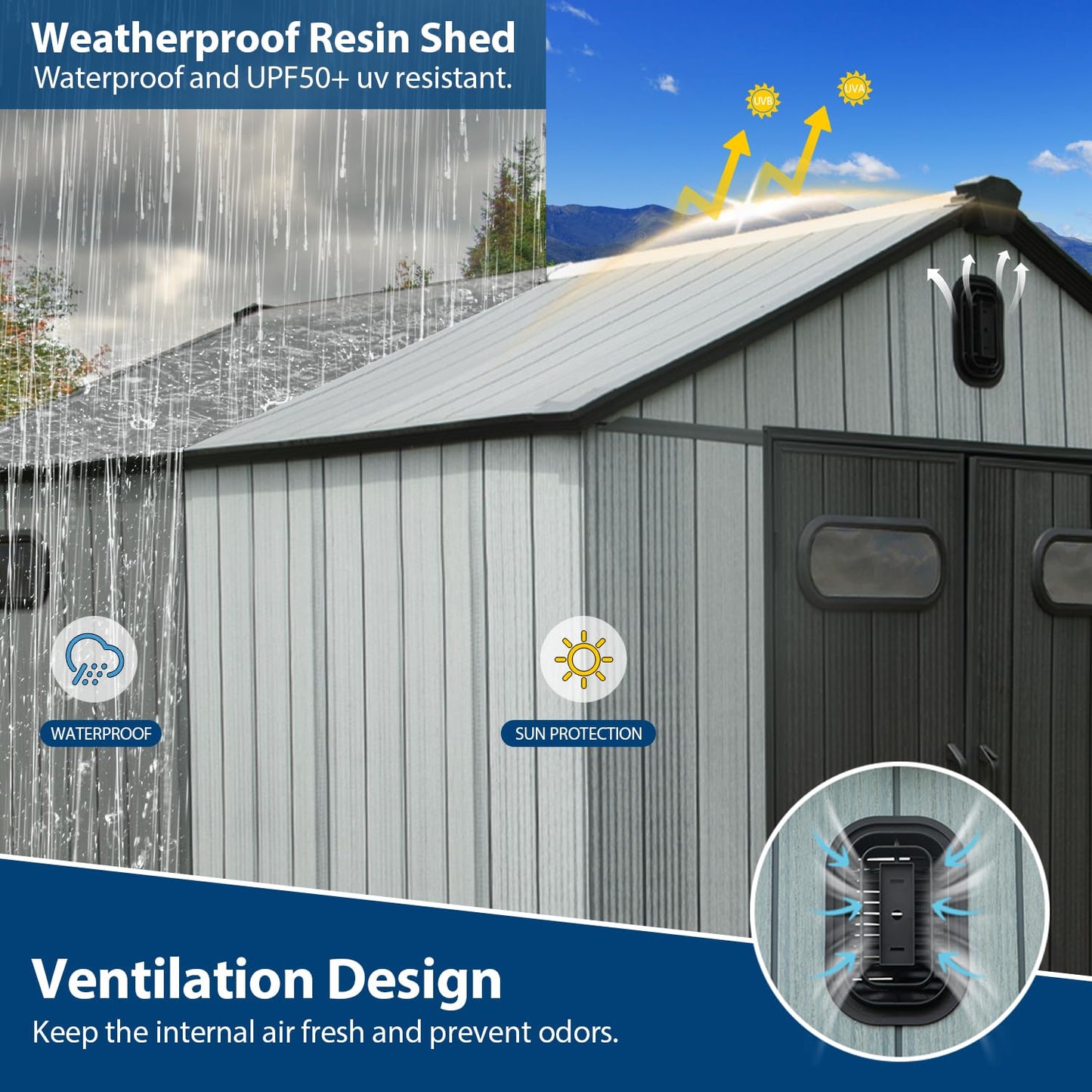 Domi 8x12Ft Resin Outdoor Storage Shed, Plastic Garden Shed with Carpet, Outside Weatherproof Storage Building for Tools, Bike, Lawn Mower, Patio, Backyard