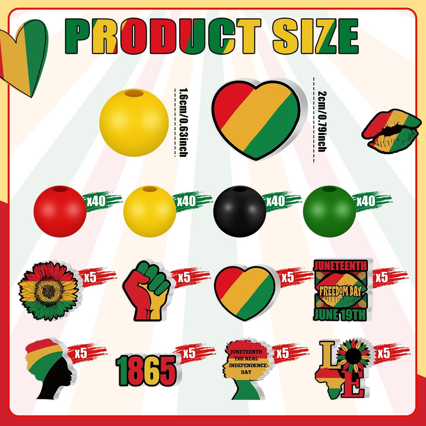 Waydress 200 Pcs Juneteenth Wooden Beads African Red Green Yellow Wood Beads Bulk 1865 Freedom Day Ball Ornaments with Hemp Rope for American Juneteenth Black History Month Home Party Decor DIY Crafts