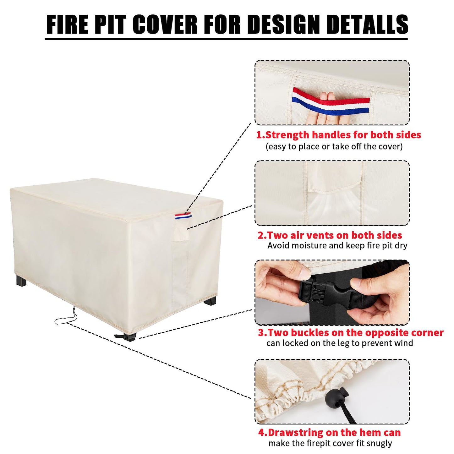 Youlvy Fire Pit Cover Rectangular 65 Inch - Waterproof Outdoor Fire Table Cover Rectangle Heavy Duty, 600D Patio Propane Gas Firepit Cover Rectangular Tear Weather Resistant - 65 x 40 x 27 Inch Beige