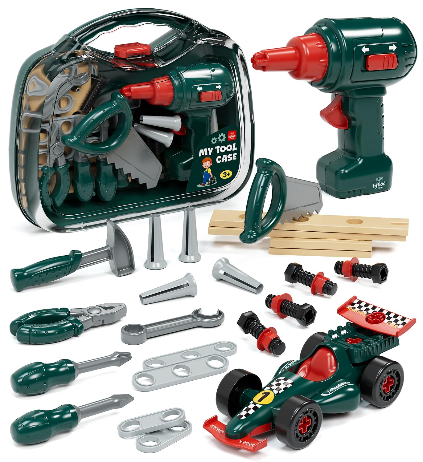 Lehoo Castle Kids Tool Set with Electric Drill & Take Apart Race Car, Construction Toys for Boys 3 4 5 Year Old, STEM Learning Toys for Ages 3+ with Storage Box, Birthday for Toddlers
