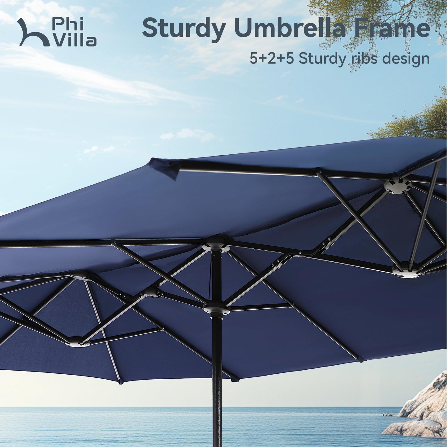 PHI VILLA 13ft Outdoor Market Umbrella Double-Sided Twin Large Patio Umbrella with Crank, Navy Blue