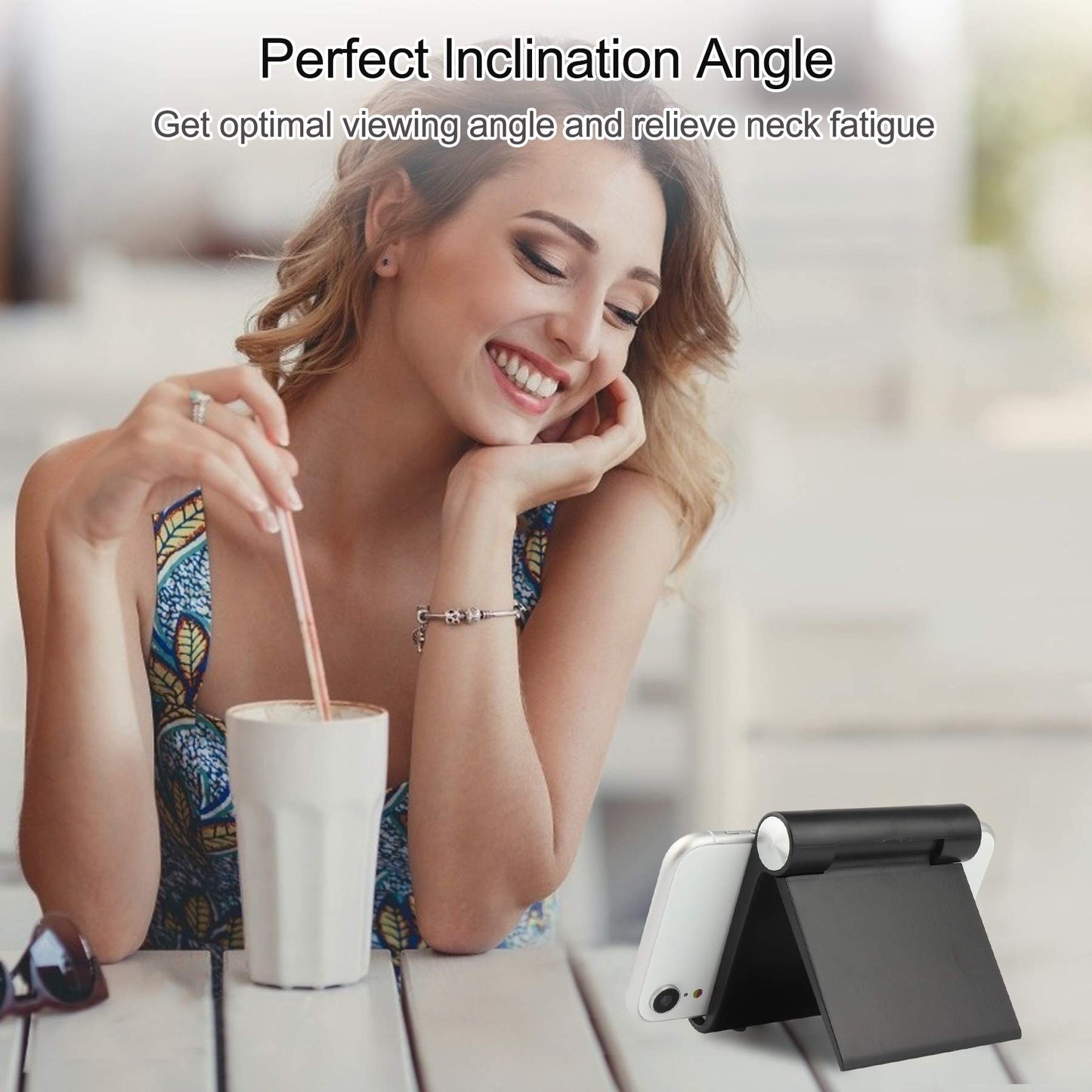 HIHUHEN Mobile Phone Holder, Phone Stand Desk Desktop Mobile Holder Adjustable Foldable Portable Video Call Mount (1PH -Black)