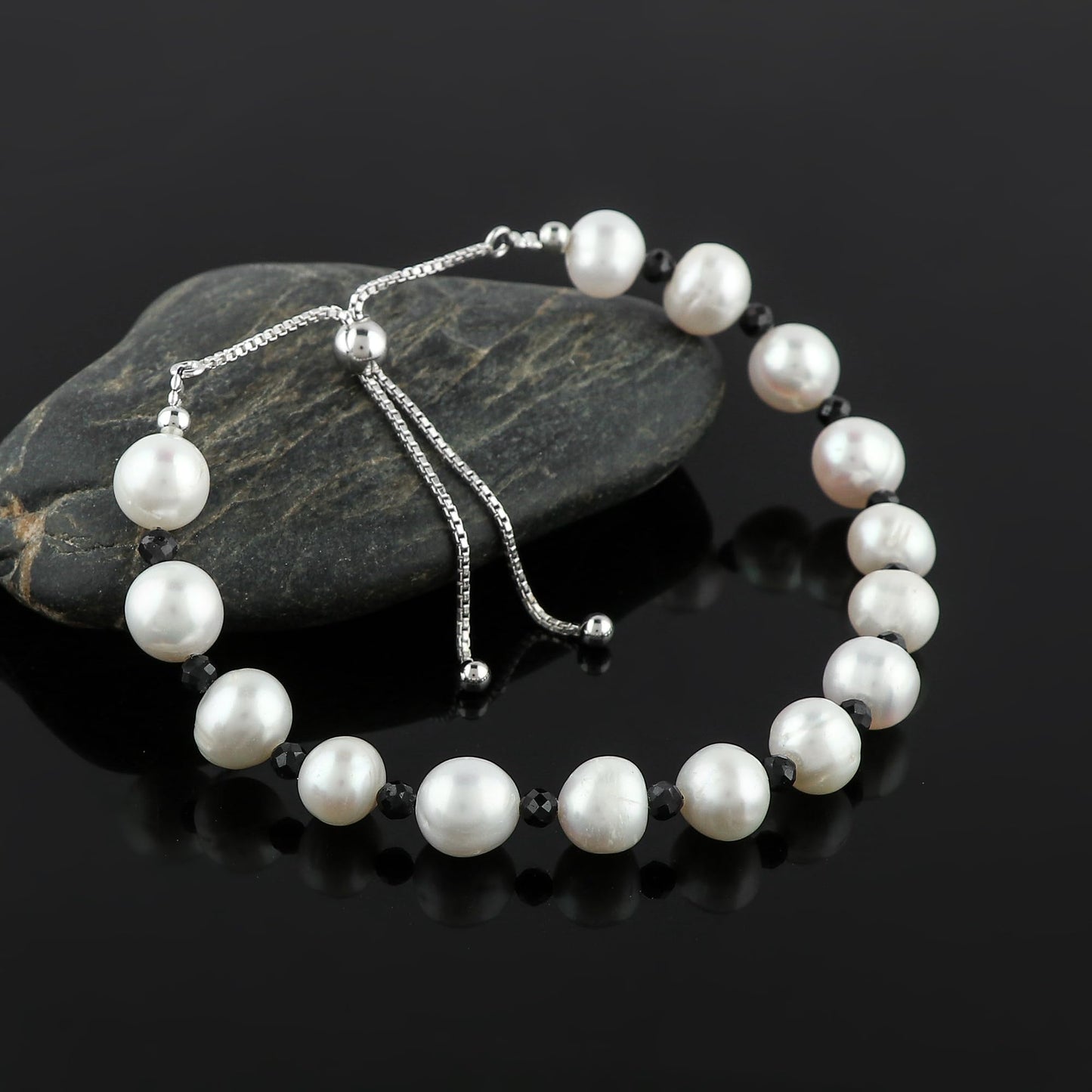 CRYSTALIS Natural Blue-Sapphire And Freshwater Pearl Beaded Bracelet, Elegant Beads Crystal, Chakra Bracelet, Healing Bracelet, Gemstone Jewelry, 925 Sterling Silver Slider 10 inch