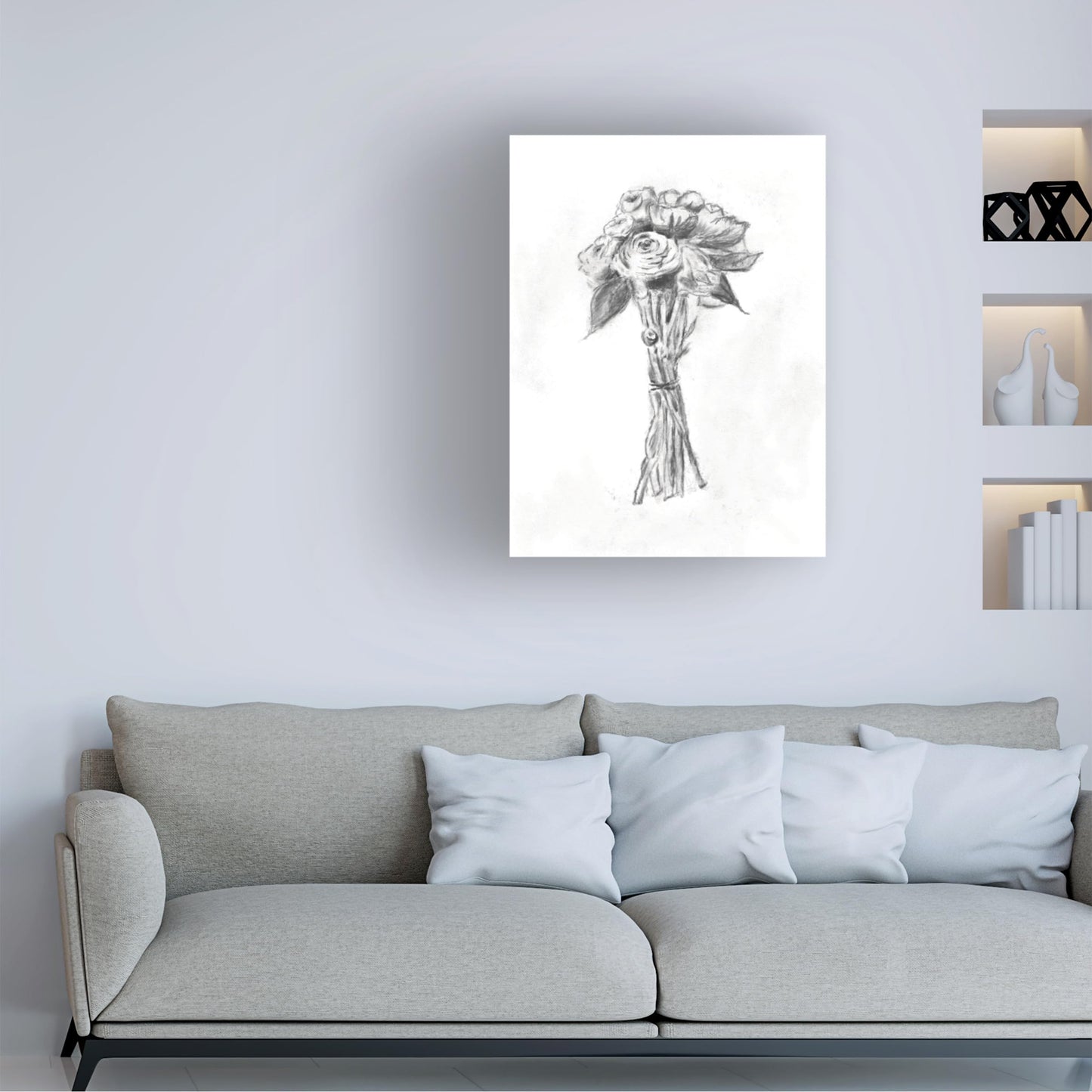 Trademark Fine Art Canvas Wall Art - Line and Brush 'Bouquet Charcoal' Wall Art for Living Room, Bedroom, or Office Décor