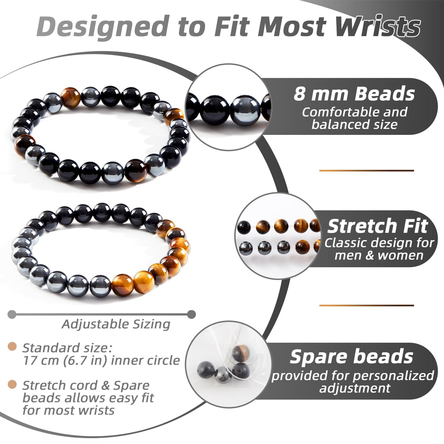 CATHESSE 2PCS Triple Protection Bracelet Set, Natural Tiger Eye Black Obsidian Hematite Beaded Stretch Bracelets for Men Women, Handmade Crystal Jewelry Gift for Stress Relief & Balance (Guardian Stack)