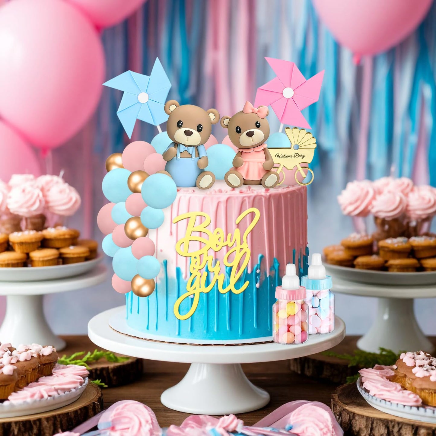 Gender Reveal Cake Toppers, Bear Cake Topper Balls Cake Decorations with Boy or Girl for Gender Reveal Baby Shower Bear Theme Party Supplies