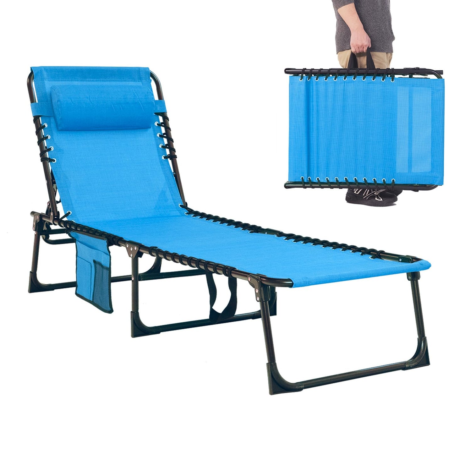 Foristrail Folding Chaise Lounge Chair Bed - Heavy-Duty 400lb Capacity Portable Adjustable Recliner w/Pillow for Patio, Pool, Camping, Sunbathing - Lay Flat Design (Blue)