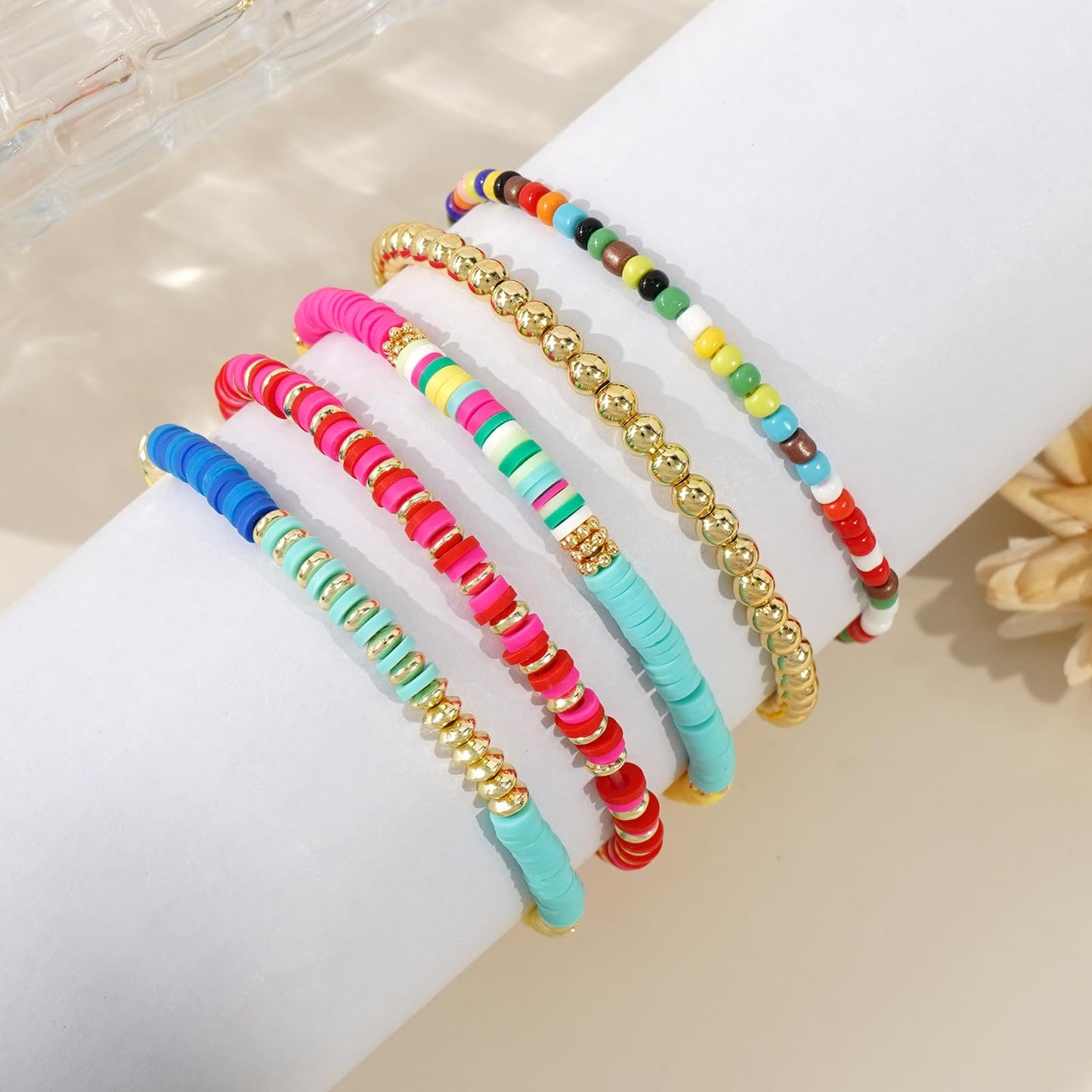 Bohxantium Gold Beaded Friendship Bracelets Stack for Women Boho Colorful Heishi Clay 14K Gold Plated Beads Ball Stackable Stretch Surfer Preppy Bracelet Jewelry Birthday Christmas Gifts for Women
