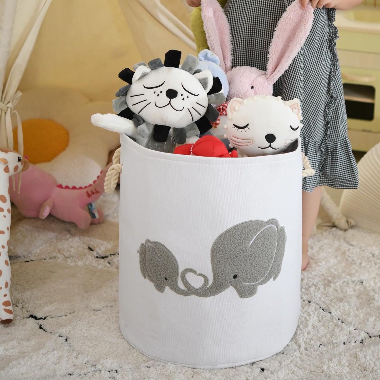 INough Baby Hamper Extra Large Nursery Hamper, 58L Kids Toys Basket Laundry Basket for Baby's Dirty Clothes Collapsible Storage Basket Canvas Clothes Hamper Toy Box Dorm Room Essentials for College