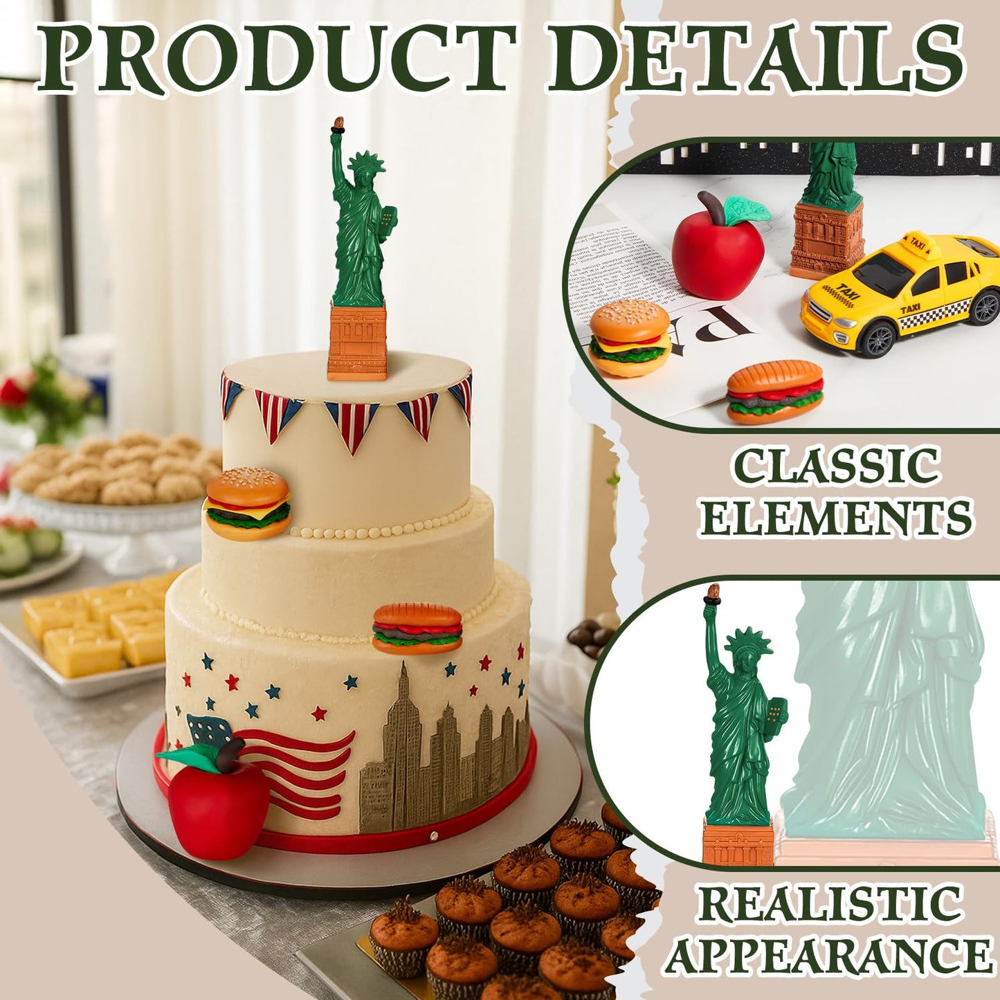 Gemscream 9 Pcs New York Cake Decorations New York Party Decorations Mini Statue of Liberty Yellow Taxi Apple Skyscraper Borders Hot Dogs for American Theme Party Birthday NYC Souvenirs Gift