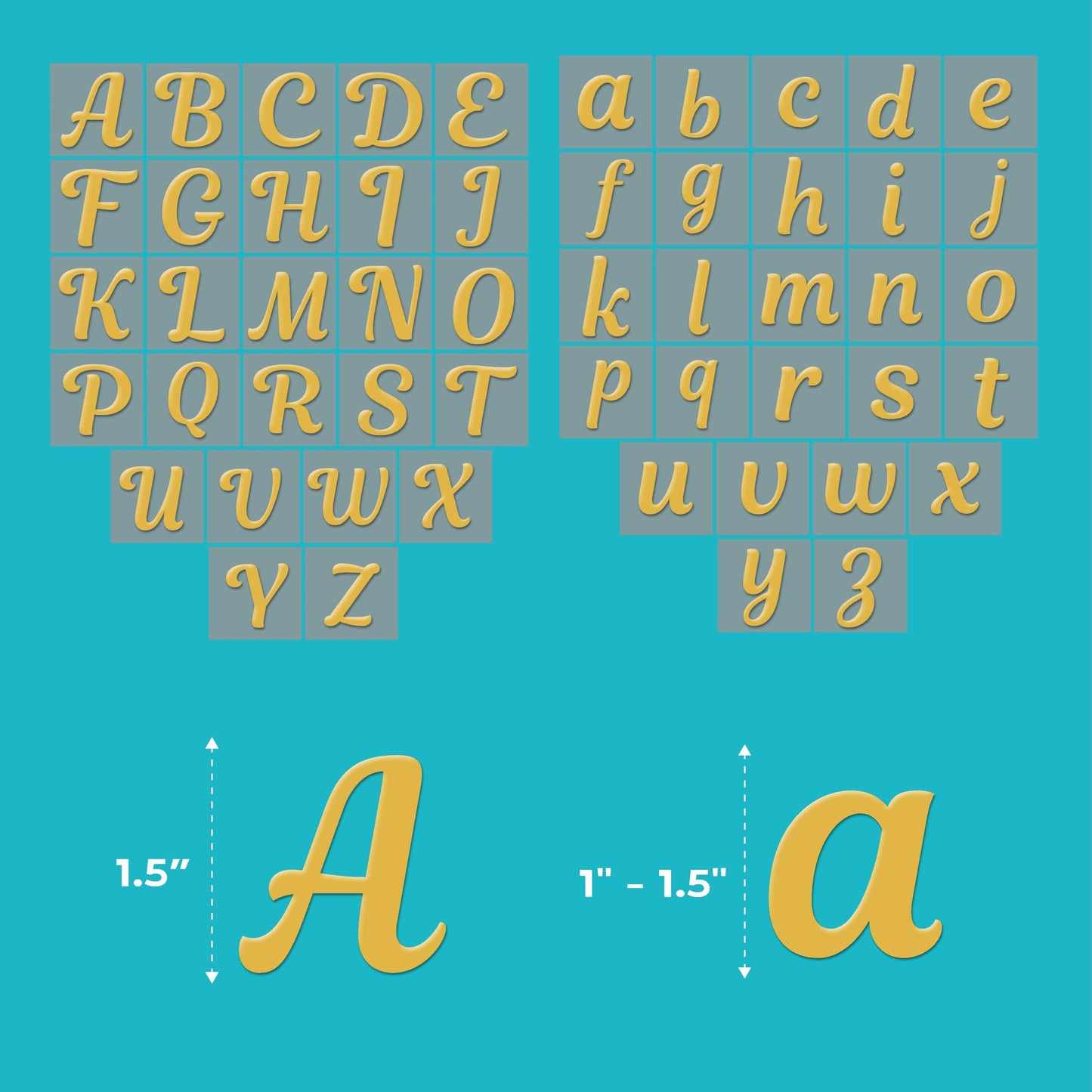 Laughing Lizards Yellow Gold Iron On Letters for Fabric & Clothing (208 Pieces) Iron On Letters for Christmas Stockings, 1.5" Cursive Iron On Lettering & Small Letters (Yellow Gold)