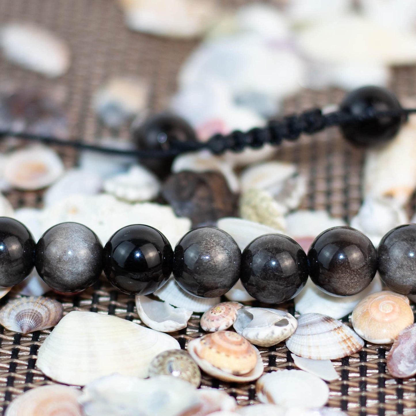 DAZCOLO Handmade Gem Bracelet Adjustable Macrame Gemstone 8mm Round Beads Crystals Quartz Unisex (Silvery Obsidian)
