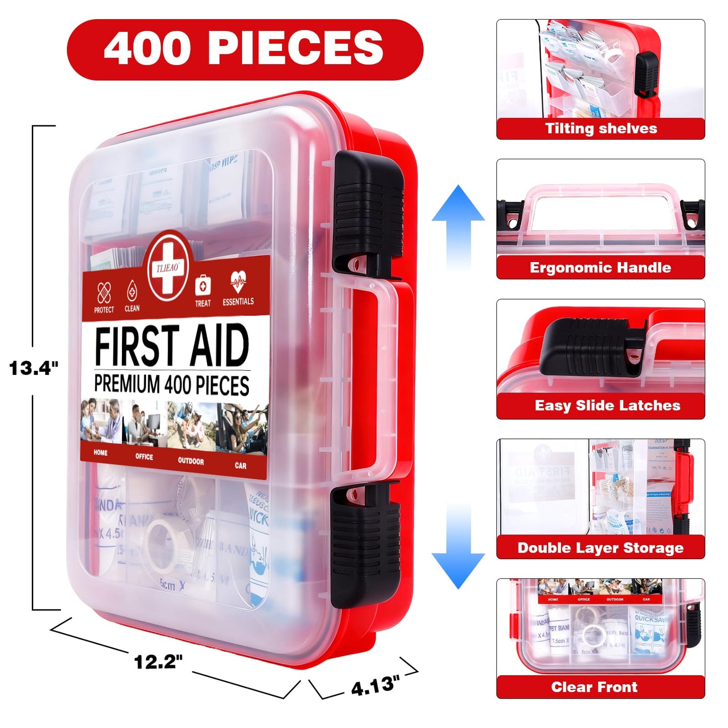 TLIEAO 400 Pieces All-Purpose First Aid Kit - Organized Dual-Layer Wall - Professional Medical Kit for Home, Car, Camping, Travel, Office, Outdoor, Business & Sports