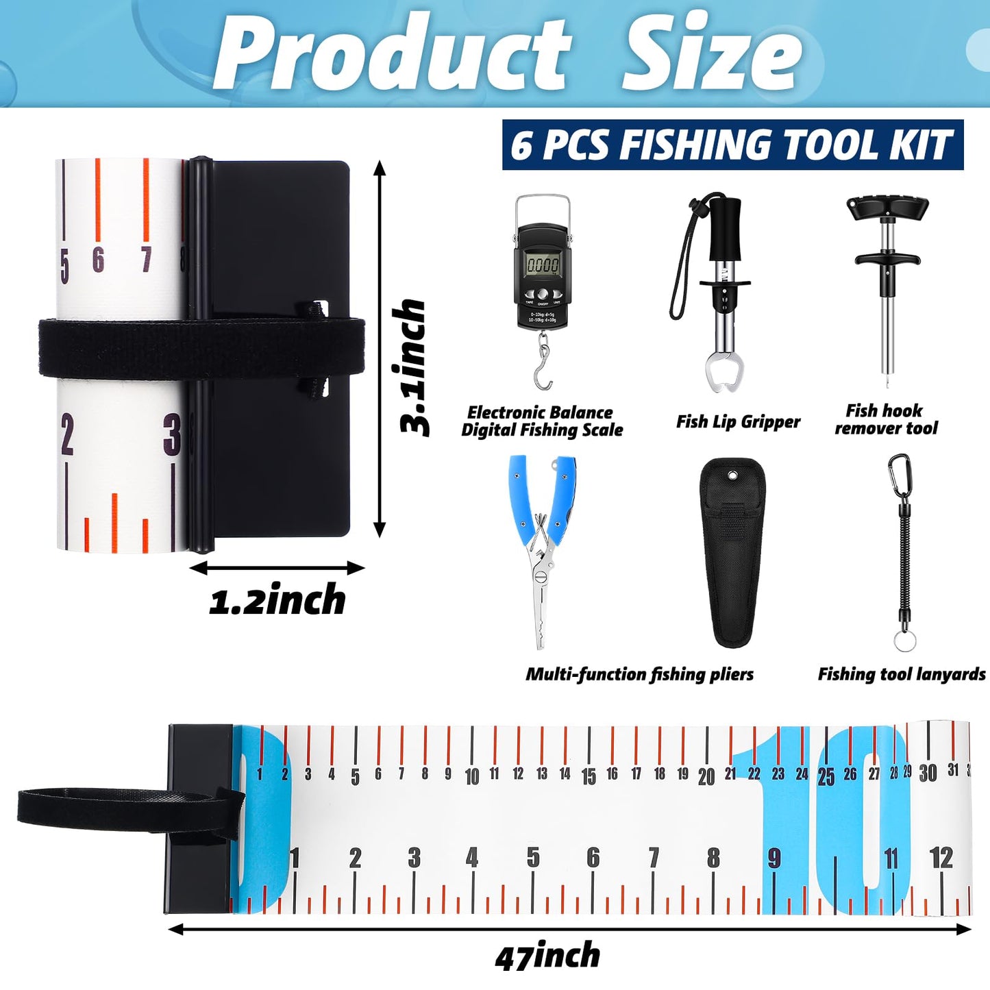 VioraWhite 7 Pcs 47 Inch PVC Fishing Ruler Bundle with Fishing Tools Easter Gifts for Men Anglers Loves Waterproof Roll-up Tape with Plier, Gripper, Hook Remover, Scale for Boat Kayak